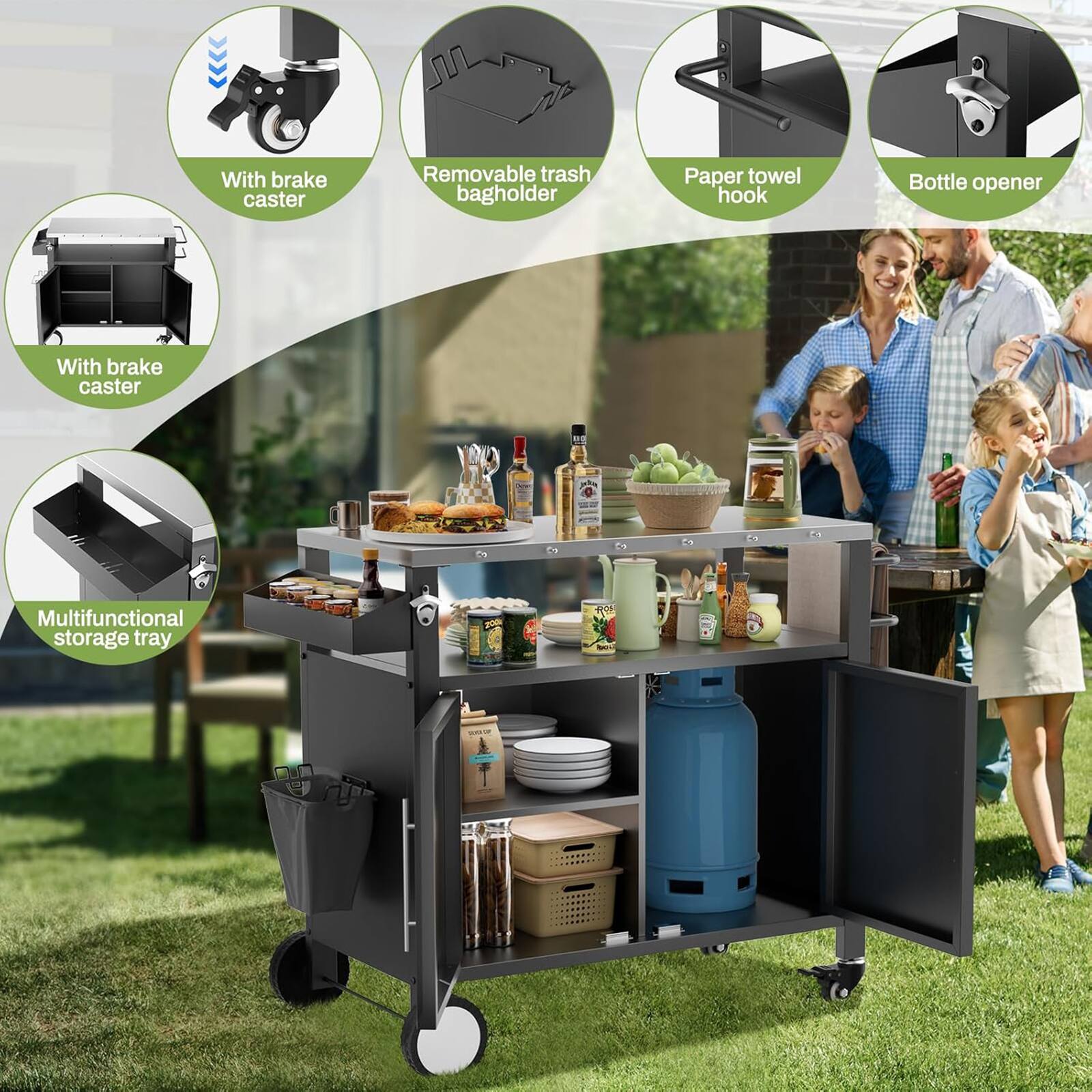 - With brake caster
- Removable trash bag holder
- Paper towel hook
- Bottle opener
- Multifunctional storage tray