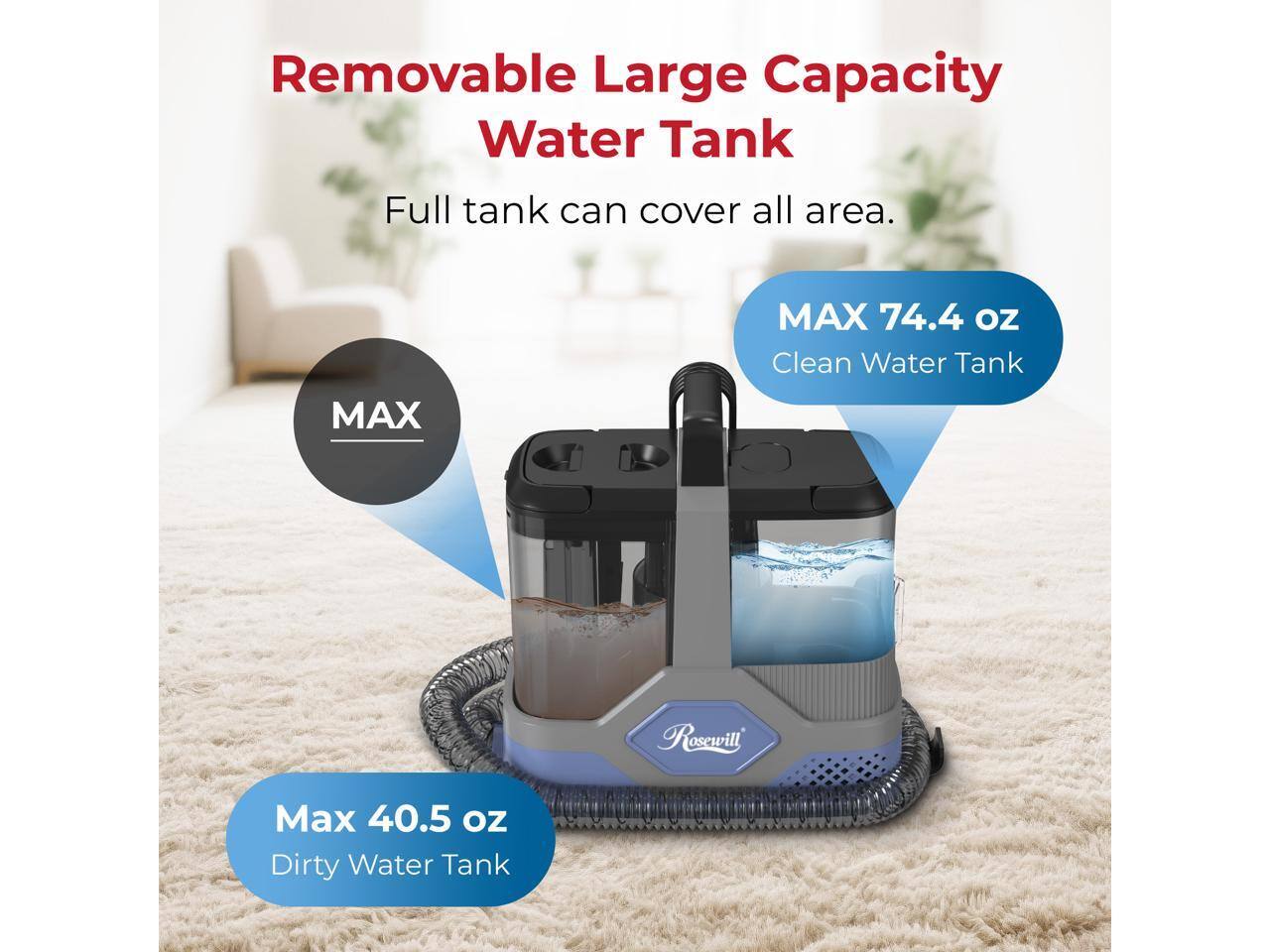 Removable Large Capacity Water Tank

Full tank can cover all area.

MAX 74.4 oz Clean Water Tank

Max 40.5 oz Dirty Water Tank
