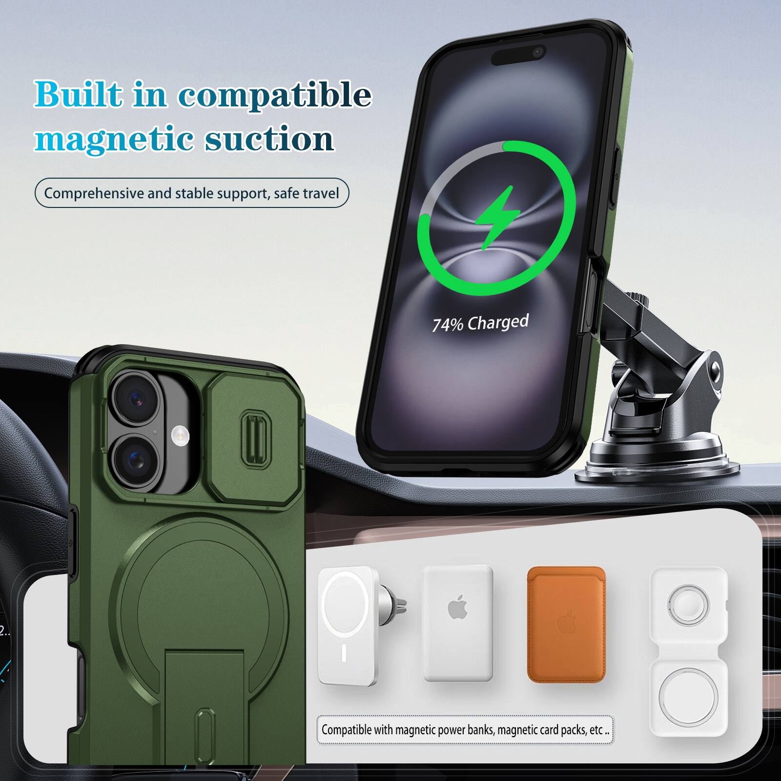 Built in compatible magnetic suction  
Comprehensive and stable support, safe travel  
74% Charged  
Compatible with magnetic power banks, magnetic card packs, etc.