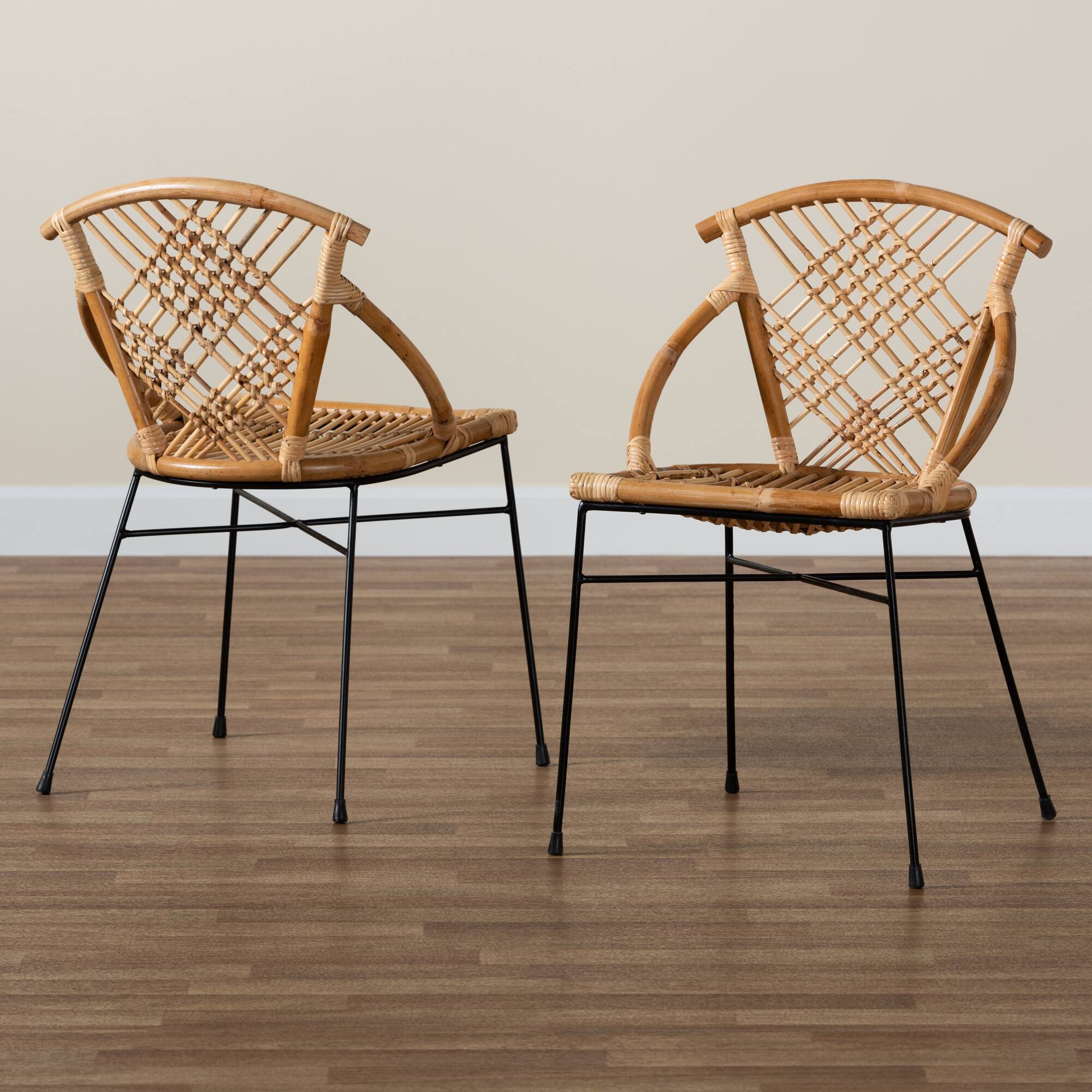 Alt View 4. bali & pari - Pro Modern Bohemian Rattan and Metal 2-Piece Dining Chair Set - Natural Brown/Black.