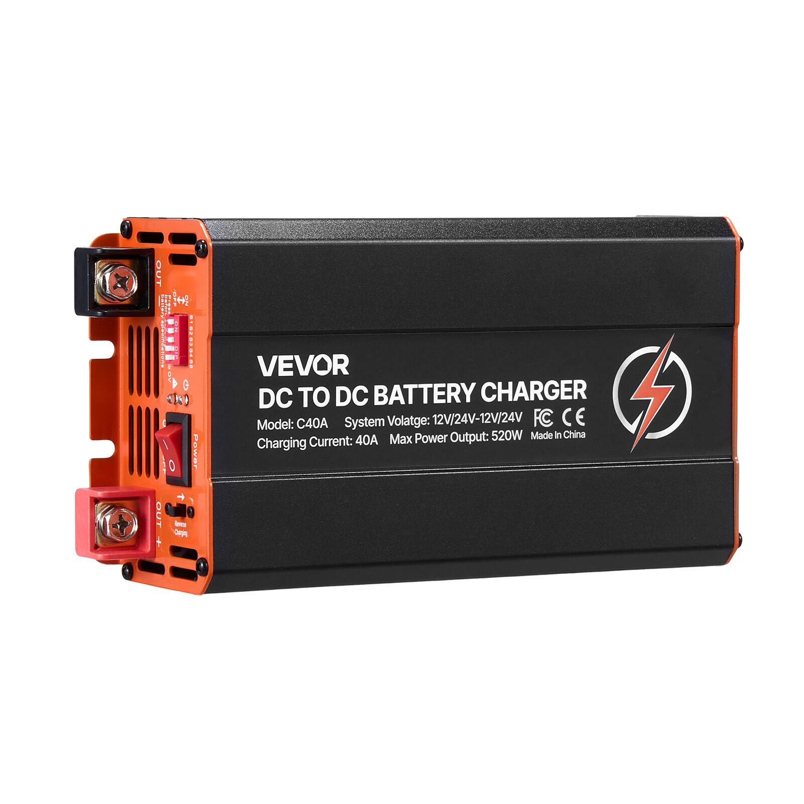 OUT CLISA OFF 12 deviations - 019202 04.00 0 Power -) OUT Cloping Resne

VEVOR DC TO DC BATTERY CHARGER
Model: C40A
System Voltage: 12V/24V-12V/24V
FC CE
Power Output: 520W
Made in China
Charging Current: 40A Max