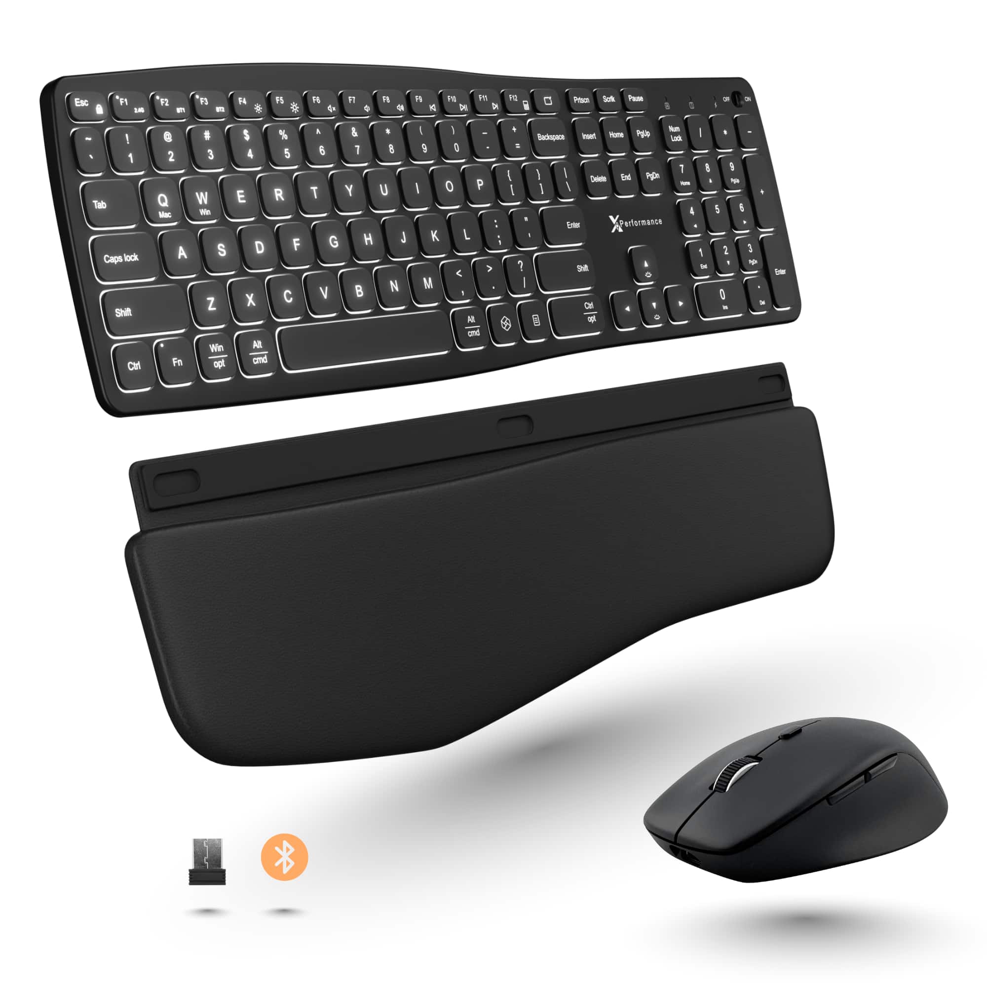 X9 - Backlit Wireless Keyboard and Mouse (Bluetooth + 2.4G) Ergonomic Keyboard and Mouse Wireless Combo with Wrist Rest, R - Black