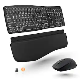 X9 - Backlit Wireless Keyboard and Mouse (Bluetooth + 2.4G) Ergonomic Keyboard and Mouse Wireless Combo with Wrist Rest, R - Black