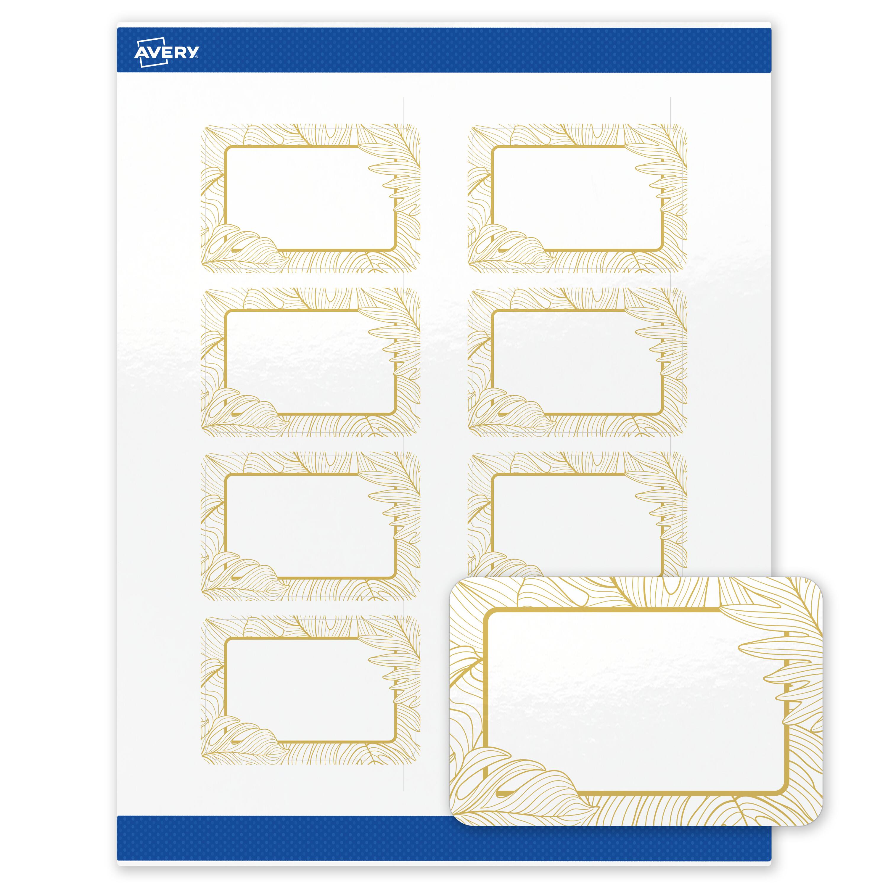 Front. Avery - Avery Labels, 2" x 3", Glossy White, Gold Monstera Leaves - White.
