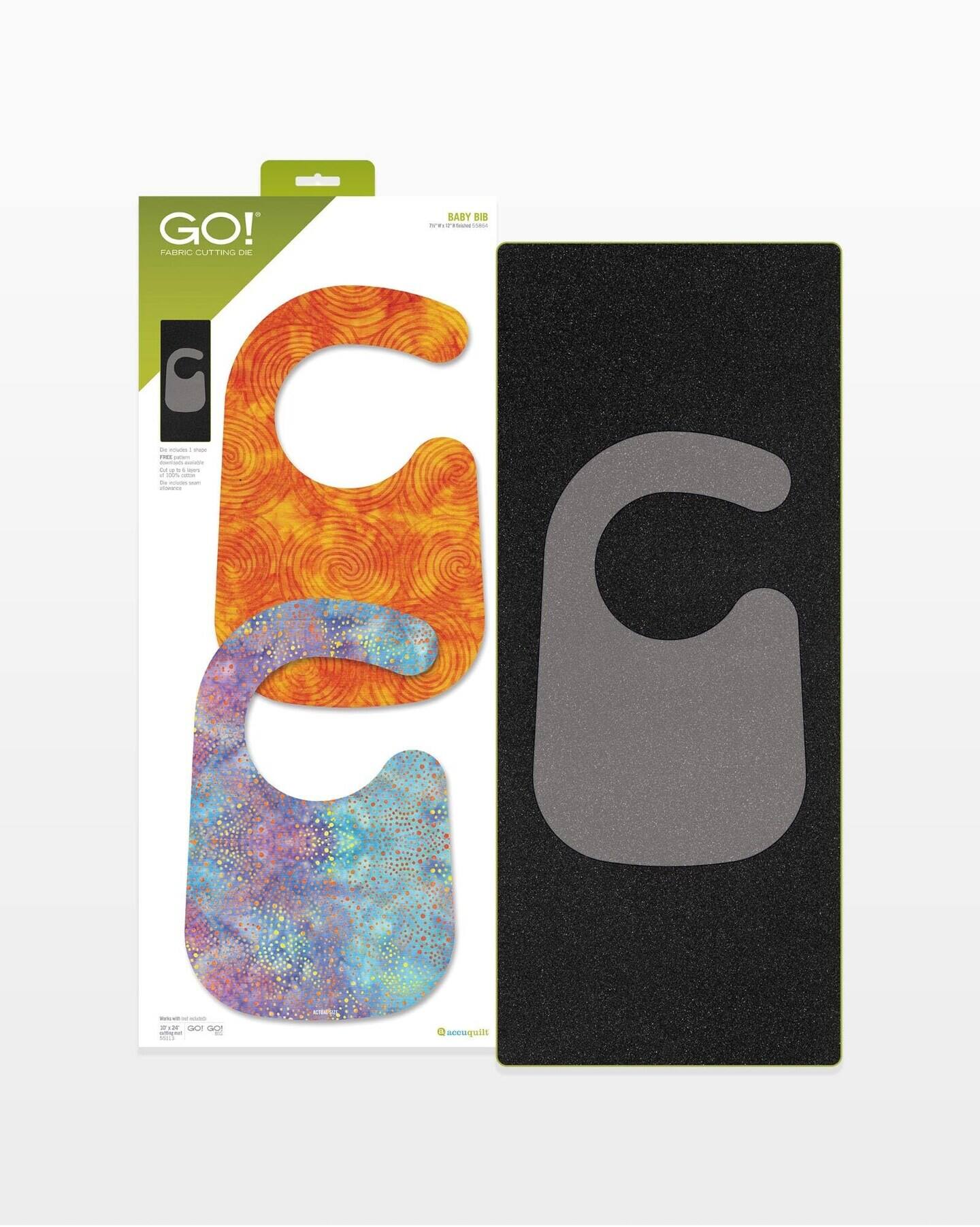 BABY BIB  
Item No. 19841

GO!  
FABRIC CUTTING DIE

Each bib includes 1 piece of 100% cotton fabric.  
Each bib includes 1 piece of 100% cotton interfacing.  
Each bib includes 1 piece of 100% cotton batting.  
Each bib includes 1 piece of 100% cotton ribbon.

Works with GO! Fabric Cutter  
17" x 24"  
GO! Cutter

Made in USA

acequilt