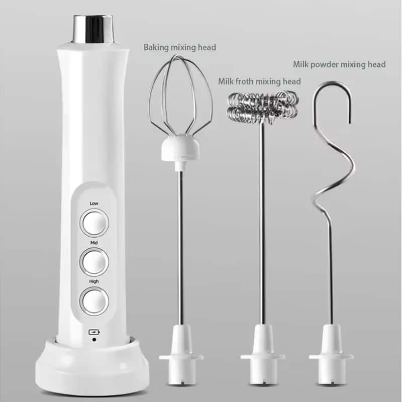 Luckbyte - Smart 3-in-1 Wireless Handheld Milk Frother & Egg Whisk - Rechargeable 3-Speed Coffee Foam Maker with Charging Base - White