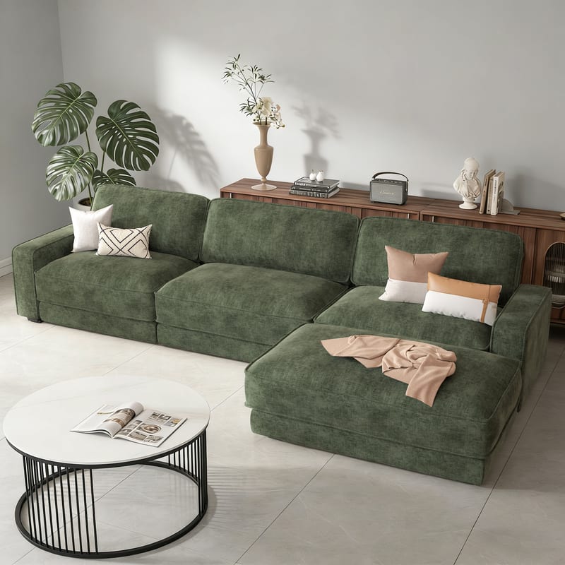 Vipbear - 119" Modular Sectional Sofa, L Shaped Sofa Couch with Reversible Ottoman, Combination Chenille Deep 4-Seat Cloud Couch - Green
