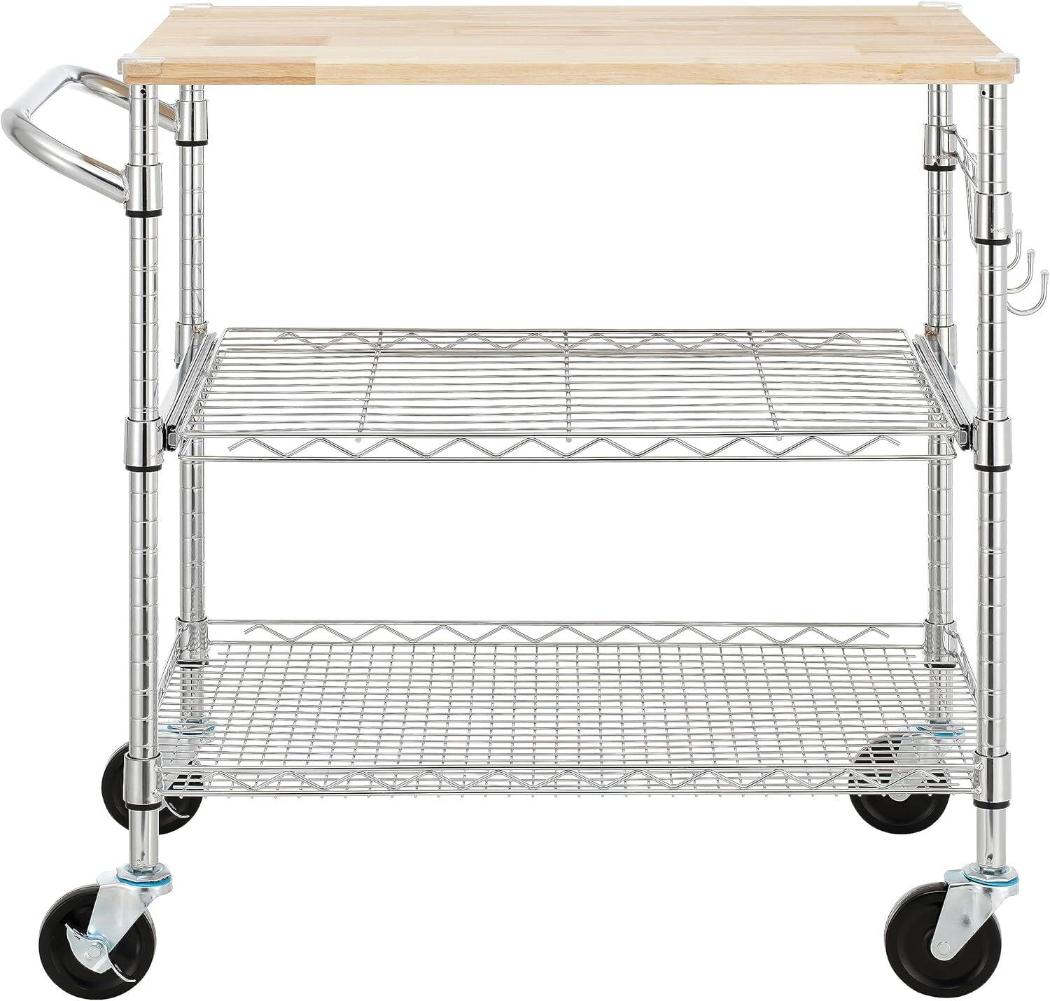 Alt View 6. Finnhomy - Finnhomy 3-Tier Rolling Kitchen Cart – 18" D x 30" W Oak Wood Top with Slider Shelf & Wheels, Chrome - Chrome.