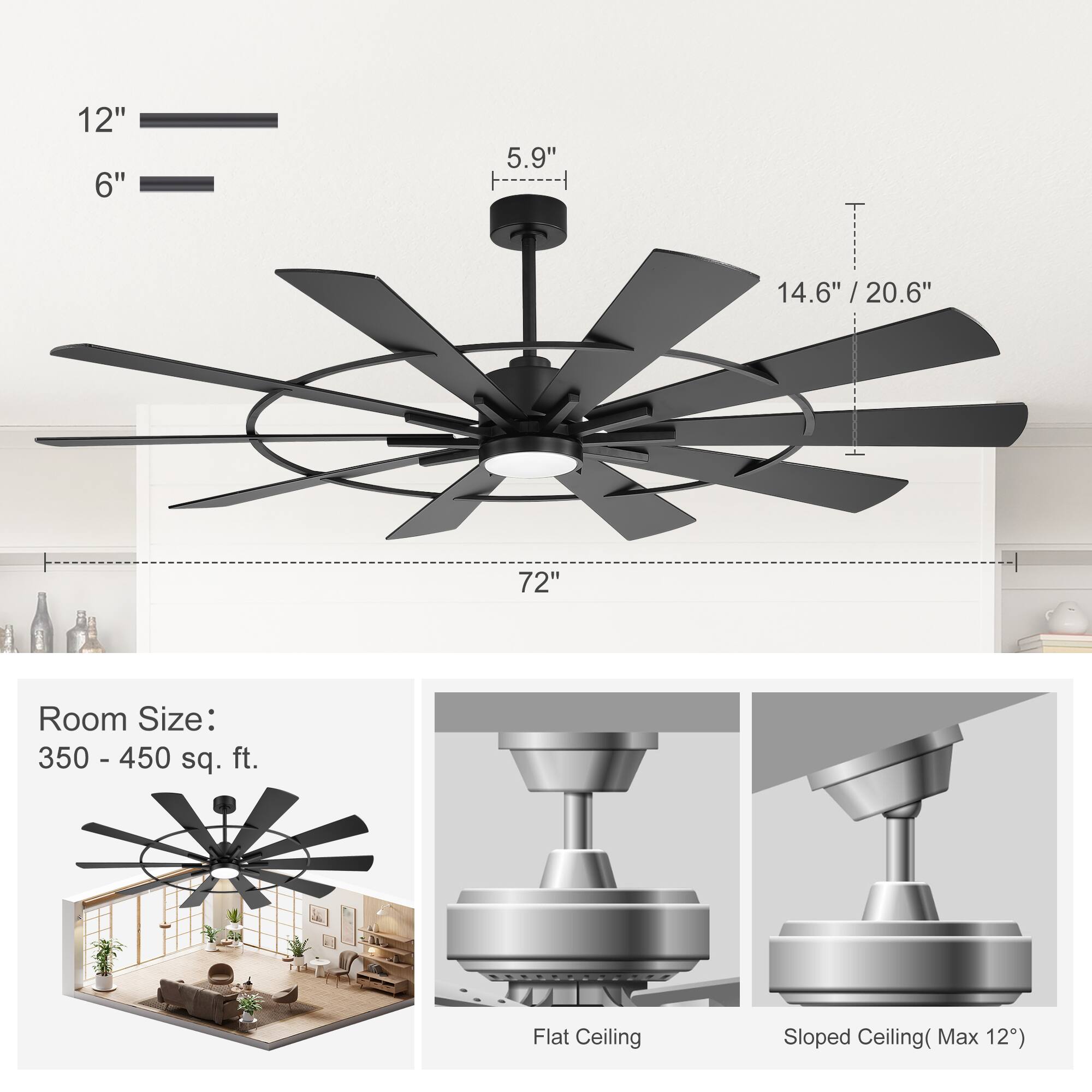 12" 6" 5.9" 14.6" / 20.6" 72"  
Room Size: 350 - 450 sq. ft.  
Flat Ceiling Sloped Ceiling (Max 12°)
