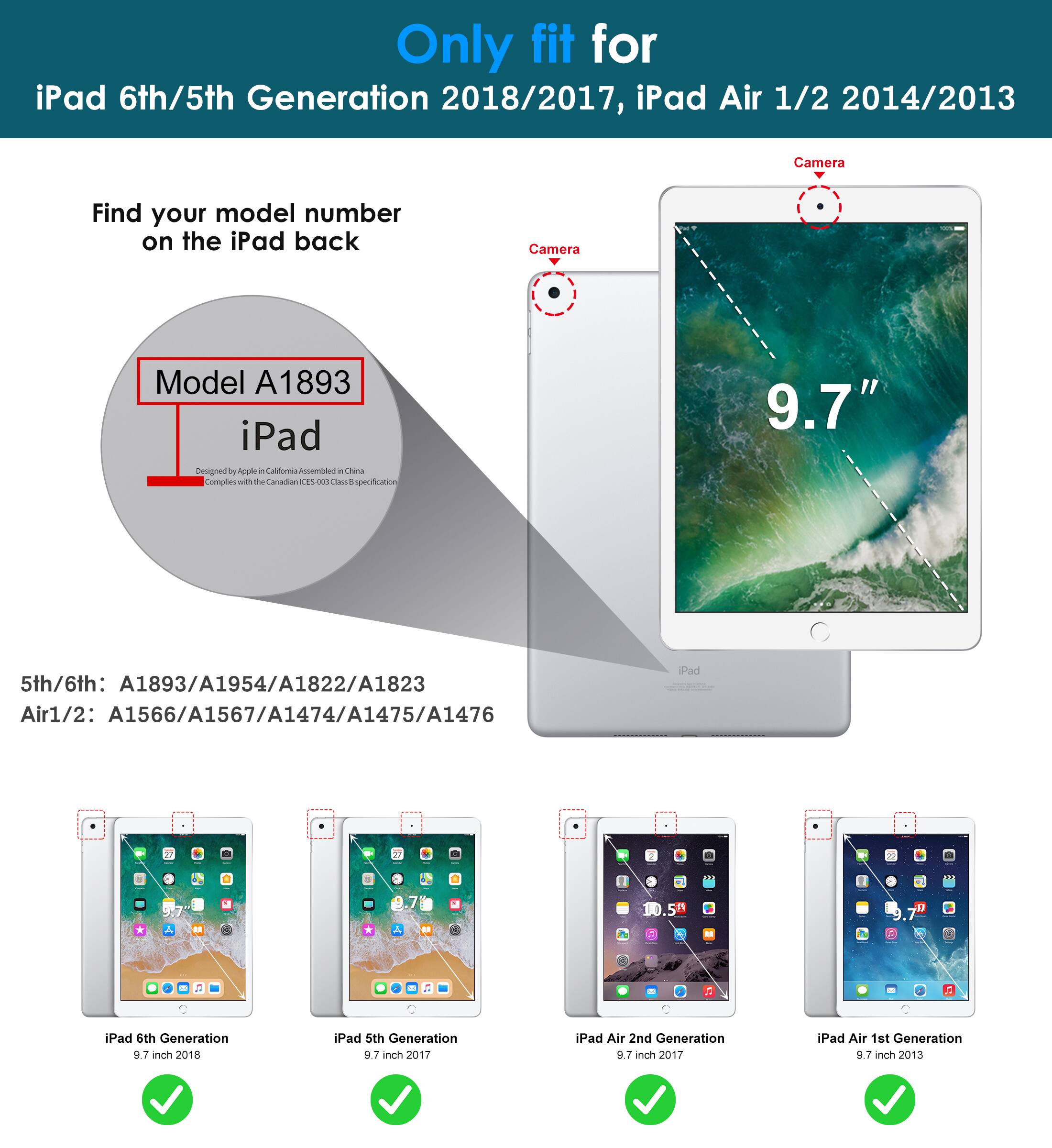 Only fit for  
iPad 6th/5th Generation 2018/2017, iPad Air 1/2 2014/2013  

Find your model number on the iPad back  

Model A1893  
iPad  

5th/6th: A1893/A1954/A1822/A1823  
Air1/2: A1566/A1567/A1474/A1475/A1476  

iPad 6th Generation 9.7 inch 2018  
iPad 5th Generation 9.7 inch 2017  
iPad Air 2nd Generation 9.7 inch 2017  
iPad Air 1st Generation 9.7 inch 2013
