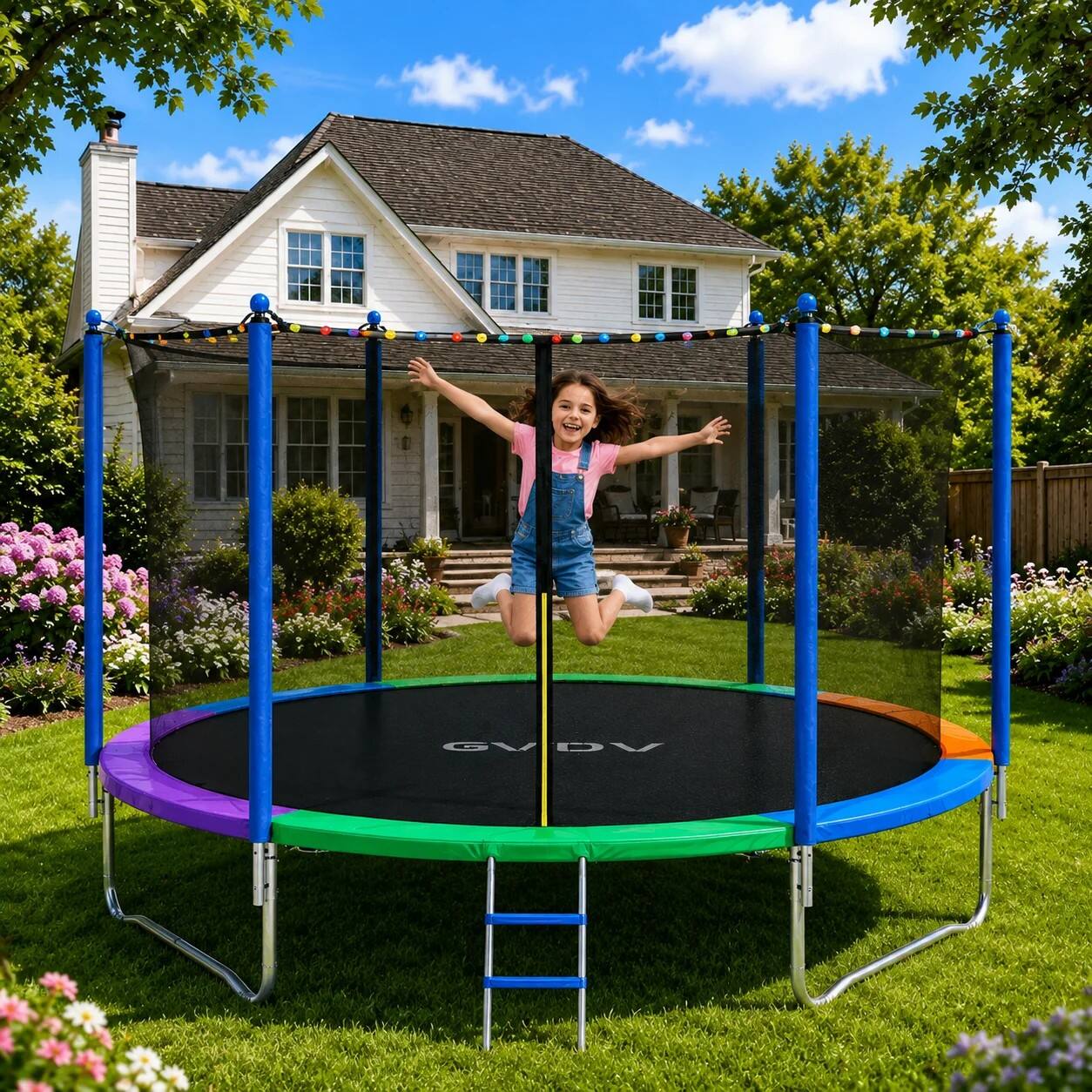 GVDV - Outdoor Trampoline, 8ft Backyard Recreational Trampoline with Enclosure for Kids & Adults - Multicolored