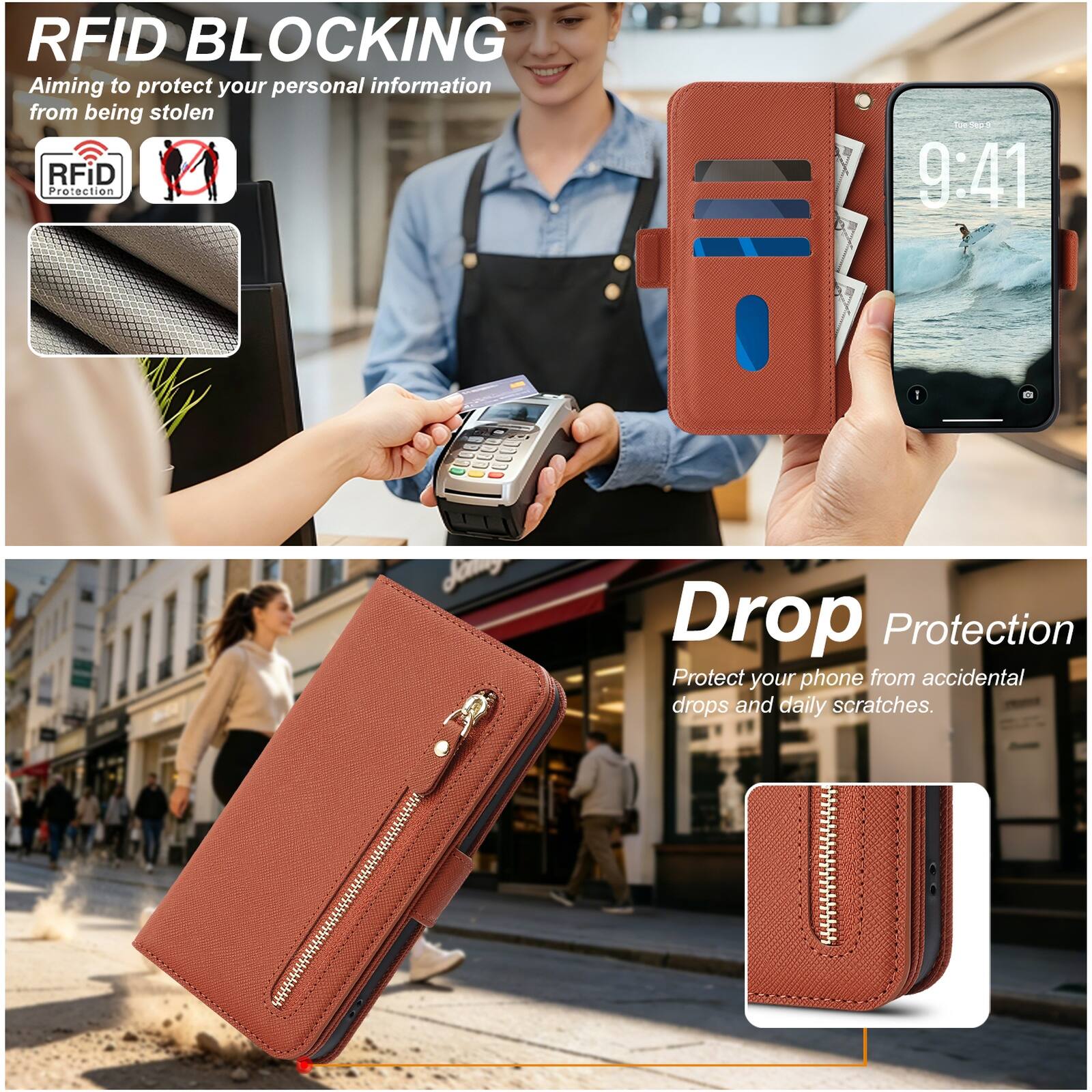 RFID BLOCKING  
Aiming to protect your personal information from being stolen  

RFID Protection  

9:41  

Drop Protection  
Protect your phone from accidental drops and daily scratches.
