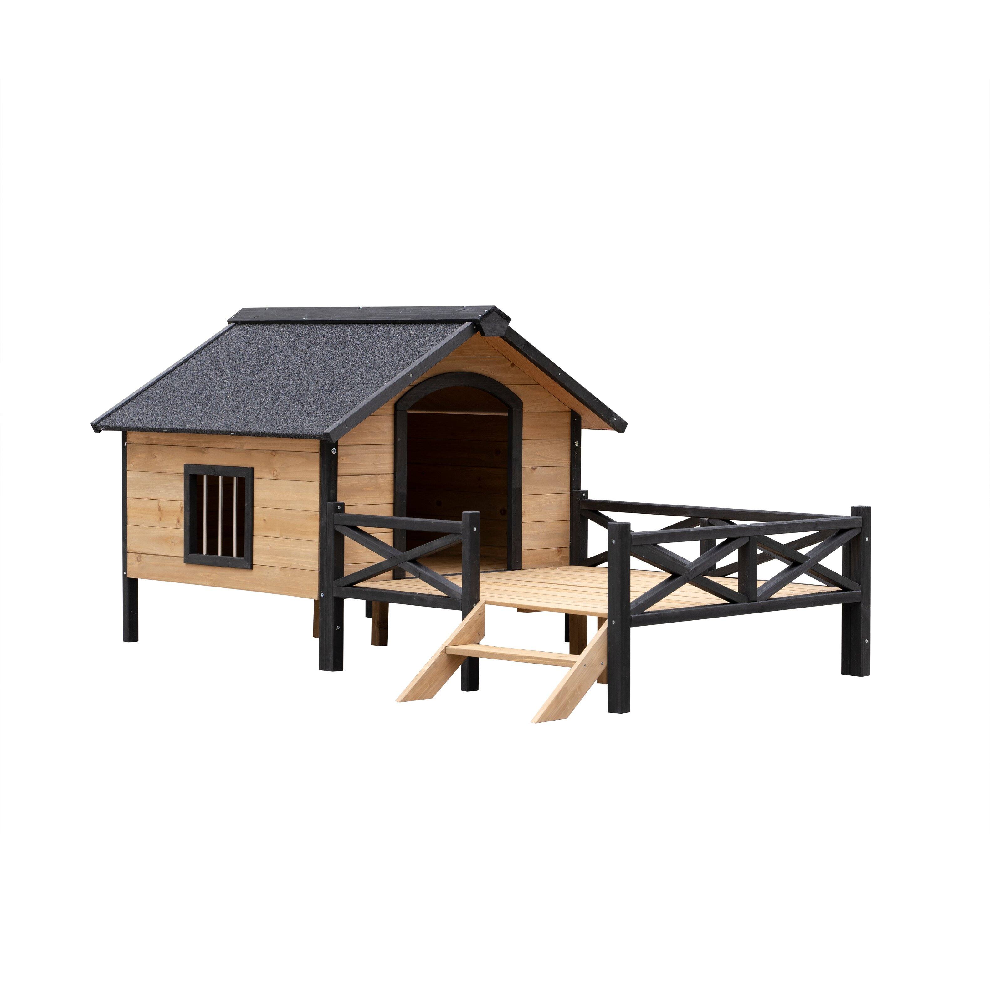 Back. Siljoy - Outdoor Wooden Dog Kennel with Porch, Large Cabin‑Style House for Medium/Large Breeds up to 80 lbs.
