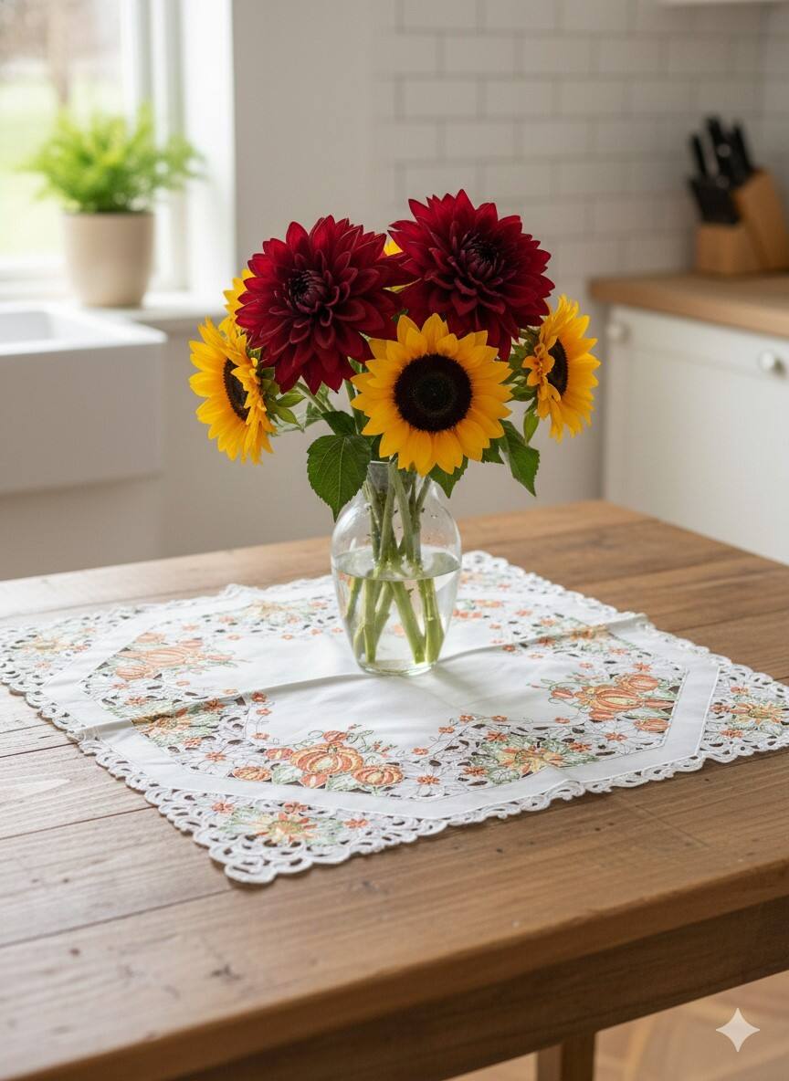Angle. Jiallo - Pumpkin Embroidered Cutwork Square tablecloth, 36 inch Square Table Linen - Beige.