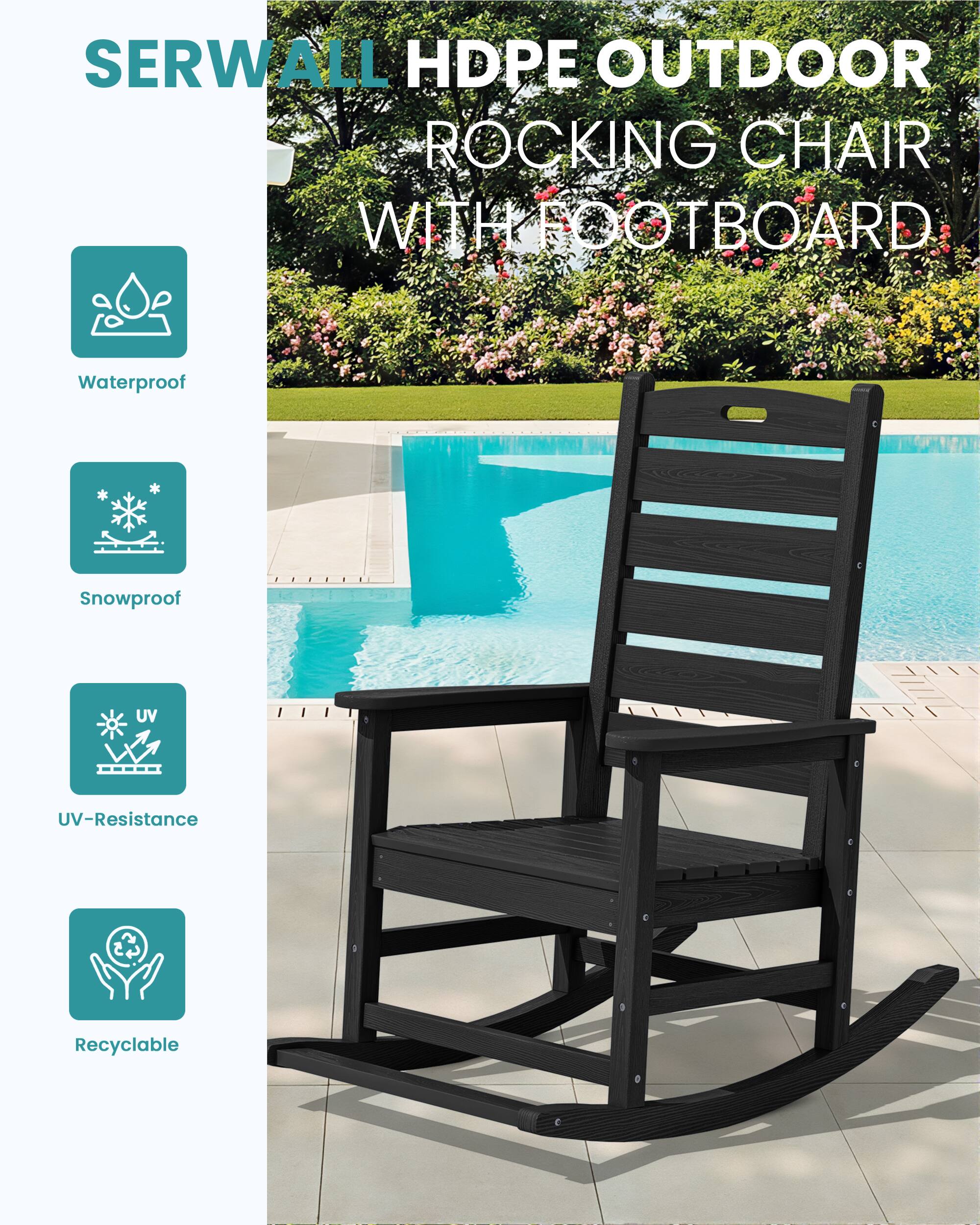 SERWALL HDPE OUTDOOR ROCKING CHAIR WITH FOOTBOARD

- Waterproof
- Snowproof
- UV-Resistance
- Recyclable