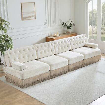 Front. Anysun - 135" Velvet Chesterfield Modular Sofa - Button Tufted, Tassel Skirt, Wood Base, Foam Cushions, Easy Assembly for Lounge - White.