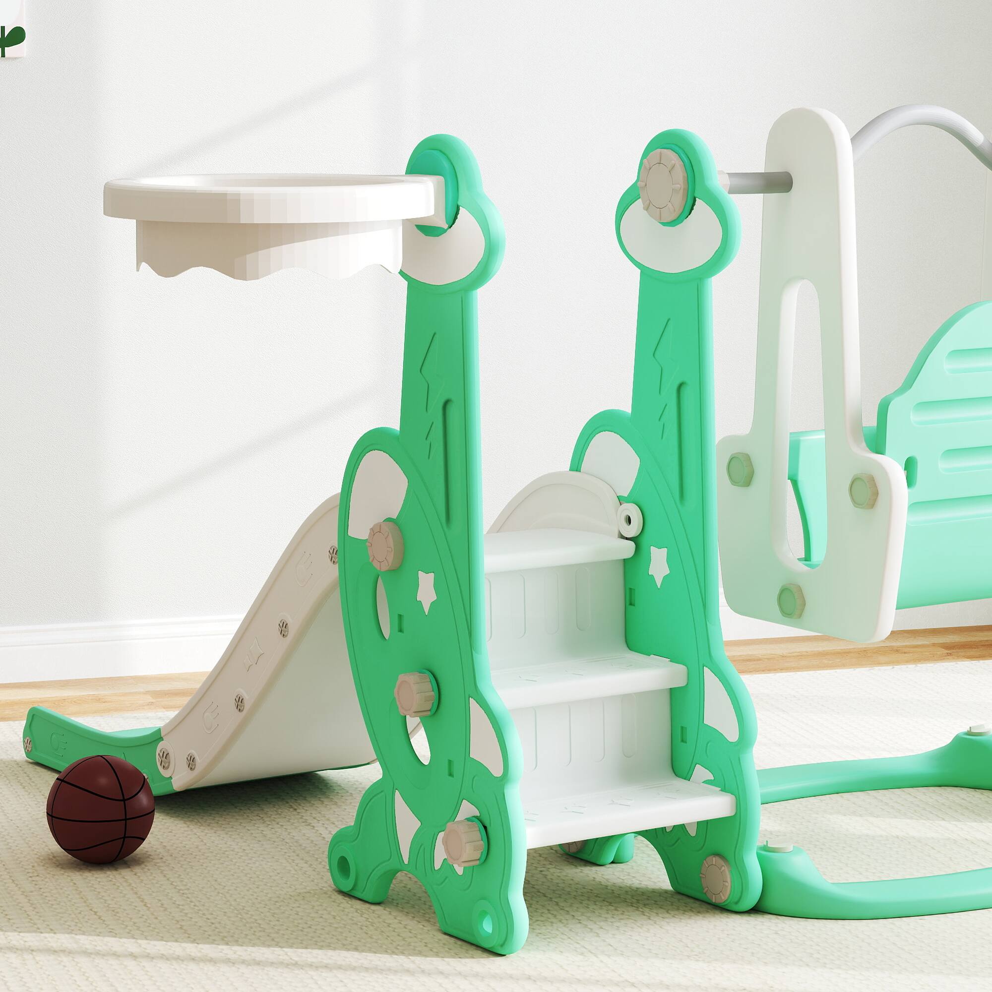 Alt View 5. Qaba - 4 in 1 Toddler Slide and Swing Set, Indoor Kids Slide, Playset Playground, Climber, Basketball Hoop, Rocket Themed.