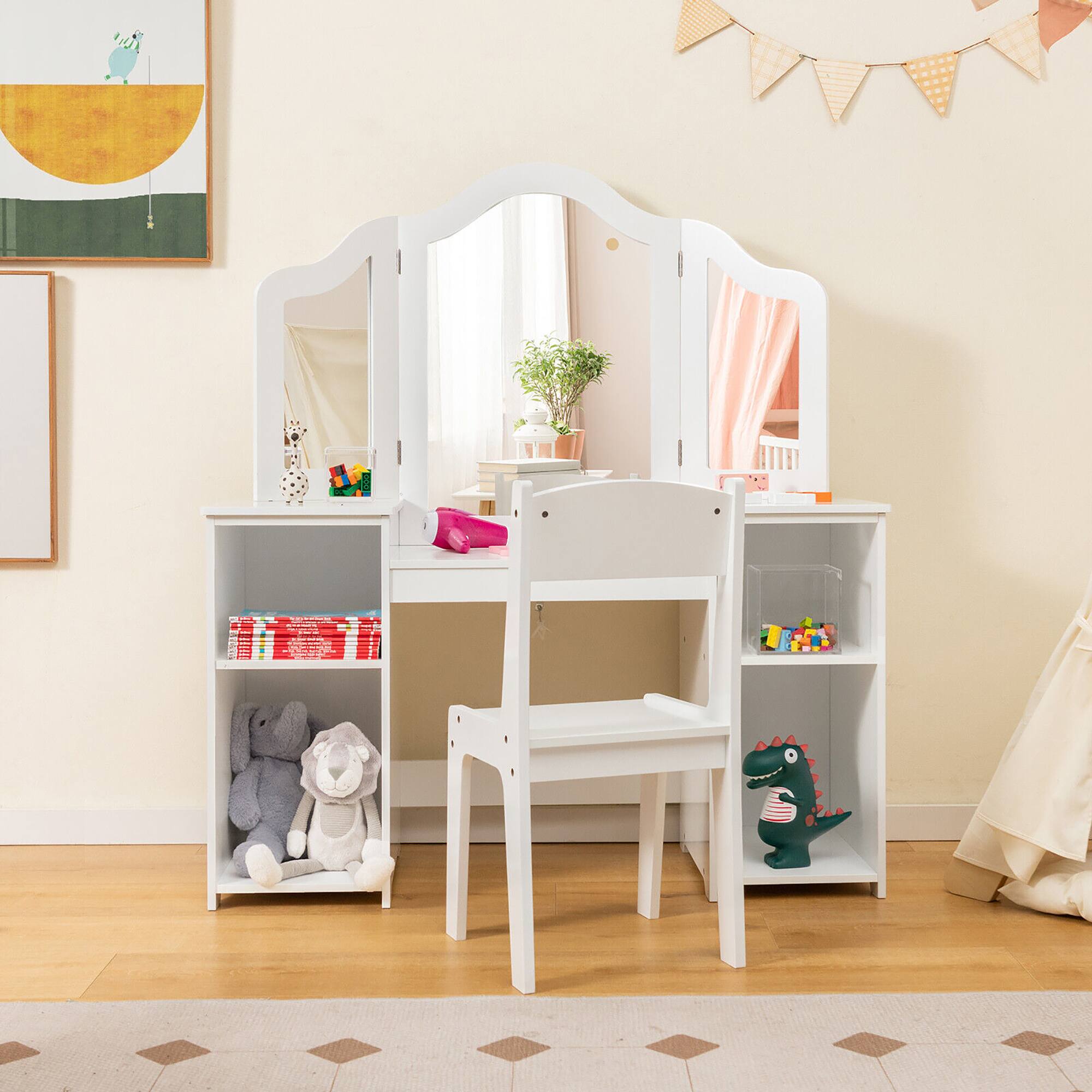 Alt View 1. Gymax - Gymax Kids Vanity 2 in 1 Princess Makeup Desk & Chair Set Safe Tri-fold Mirror White - White.