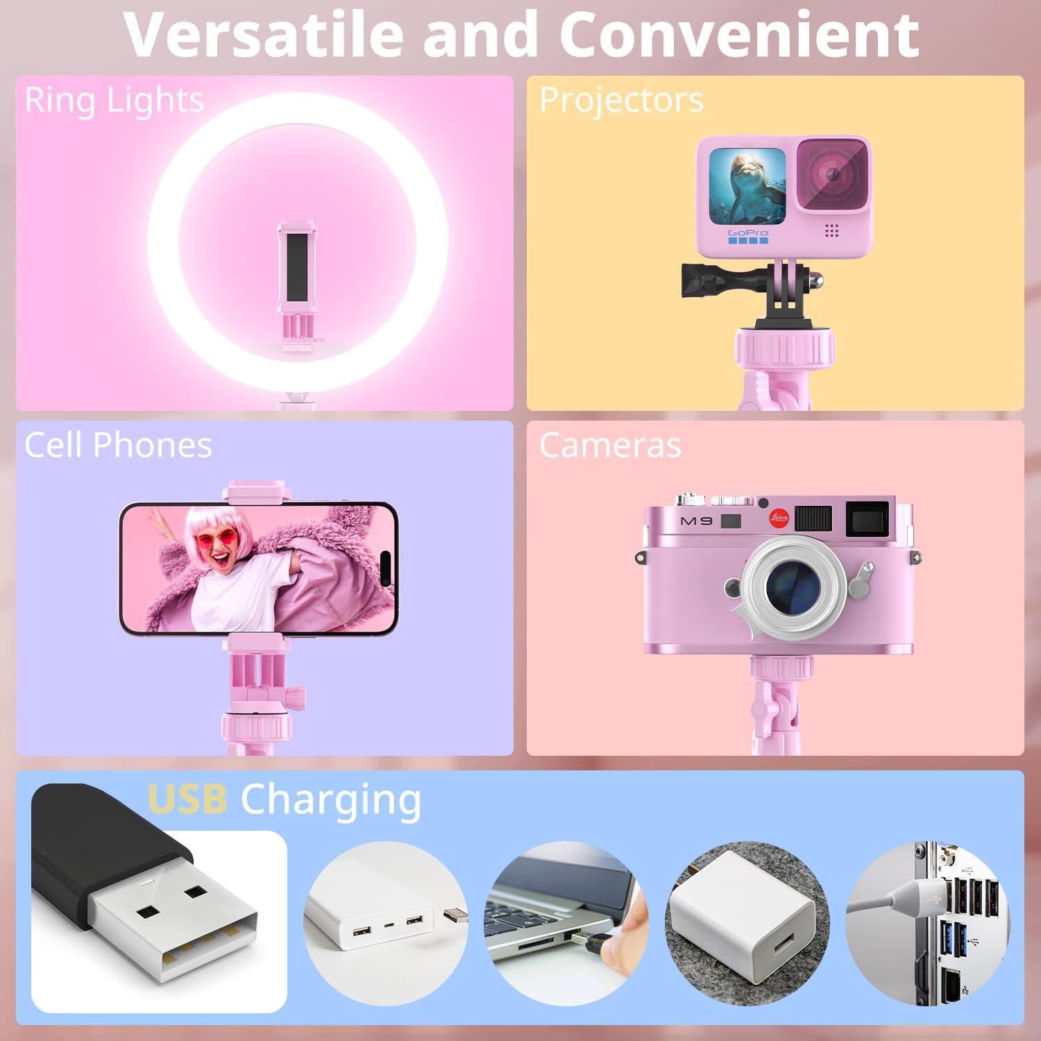 Versatile and Convenient

Ring Lights

Cell Phones

Projectors

Cameras

USB Charging