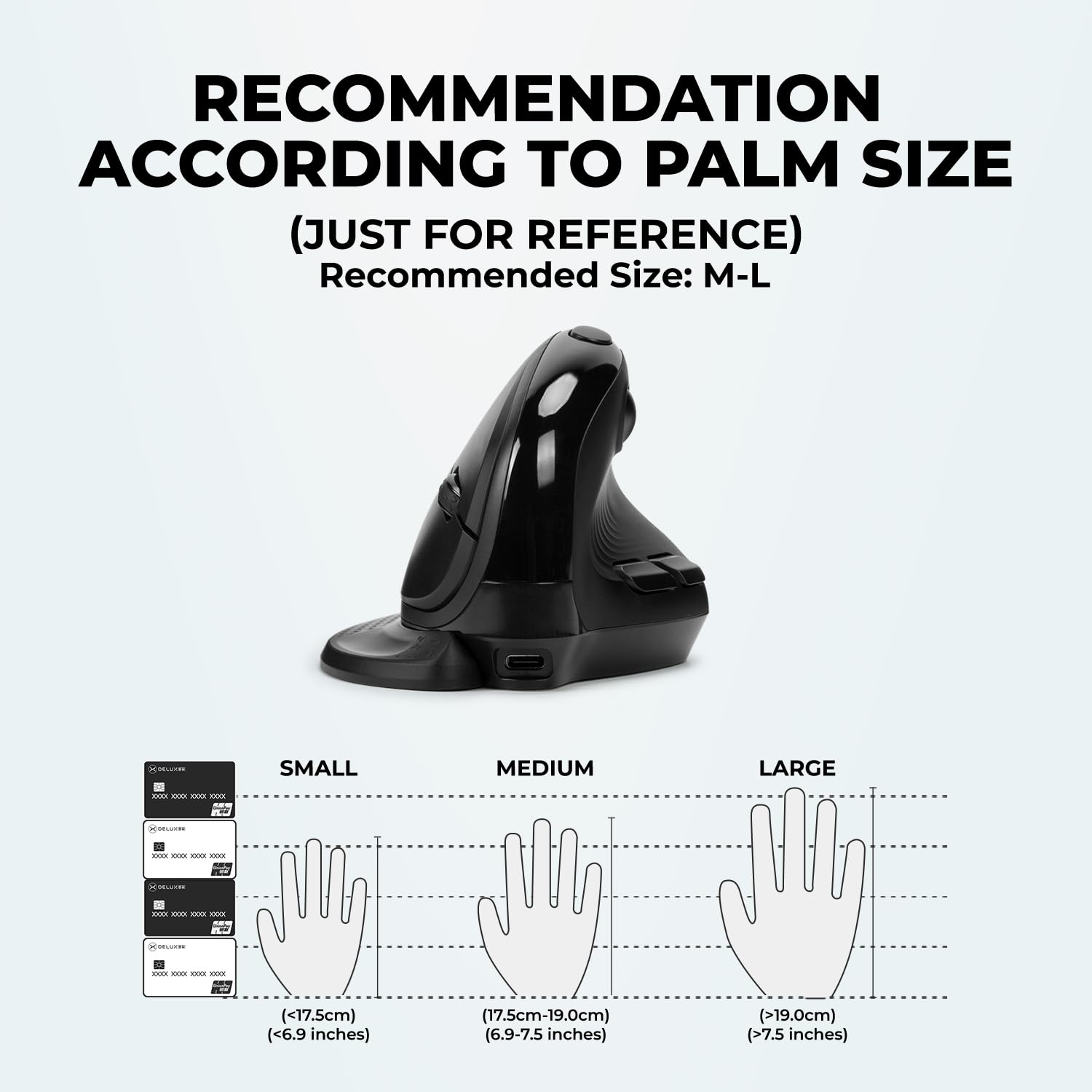 RECOMMENDATION ACCORDING TO PALM SIZE  
(JUST FOR REFERENCE)  
Recommended Size: M-L  

SMALL  
(<17.5cm)  
(<6.9 inches)  

MEDIUM  
(17.5cm-19.0cm)  
(6.9-7.5 inches)  

LARGE  
(>19.0cm)  
(>7.5 inches)