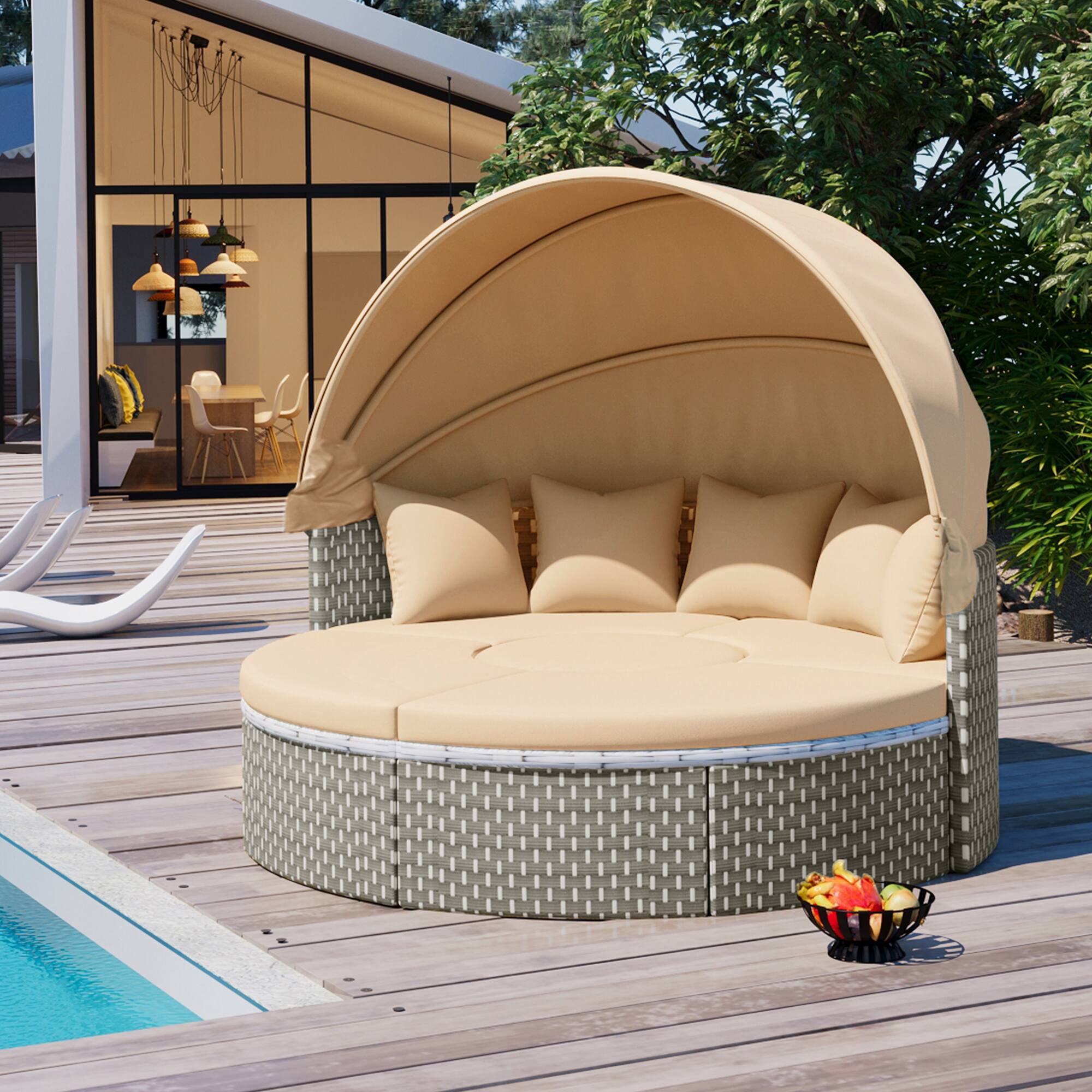 Angle. AOOLIVE - Outdoor Sectional Sofa Set, Rattan Daybed with Canopy, Removable Cushion, Light Coffee - Light Coffee.