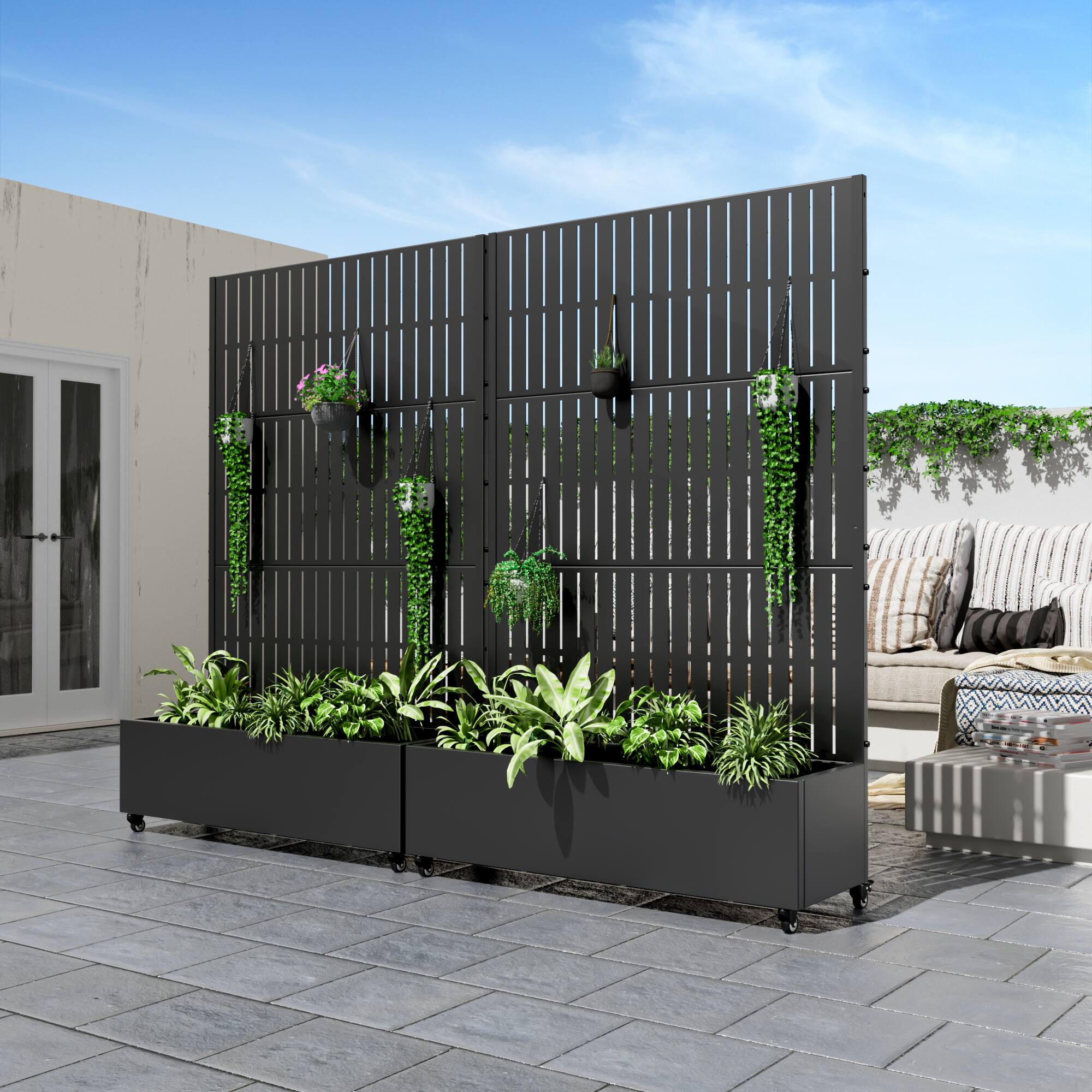 Alt View 1. PexFix - 72 in. H x 47 in. W Slat Pattern Rectangle Metal Planter Box Raised Garden Beds with Trellis-Ideal for Balcony - Black.