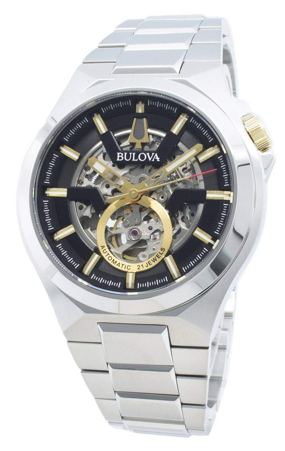 Bulova - Maquina 98A224 Automatic 21 Jewels Mens Watch Black Stainless Steel Skeleton Dial 100M - Silver