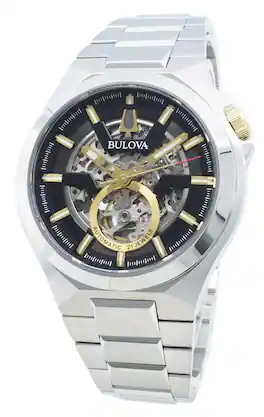 Bulova - Maquina 98A224 Automatic 21 Jewels Mens Watch Black Stainless Steel Skeleton Dial 100M - Silver