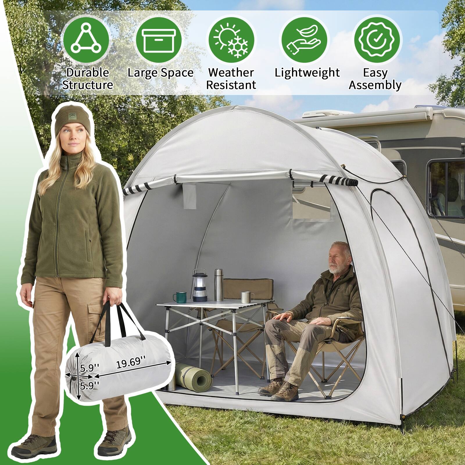 Durable Large Space Weather Resistant Lightweight Easy Assembly  
5.9" 19.69" 5.9"