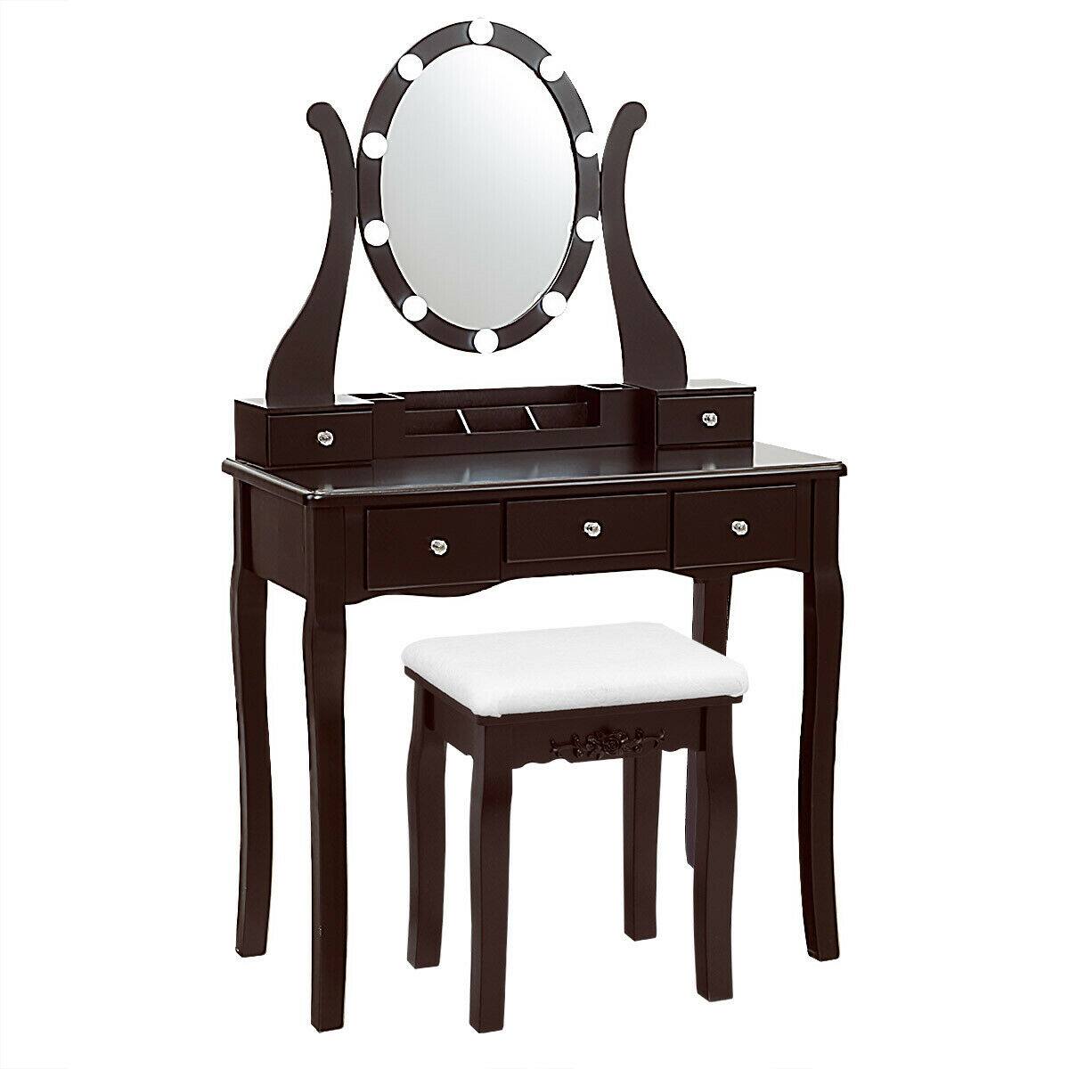 Alt View 9. Gymax - Gymax Vanity Table Set w/10 Light Bulbs and Touch Switch Makeup Dressing Table Brown - Brown.