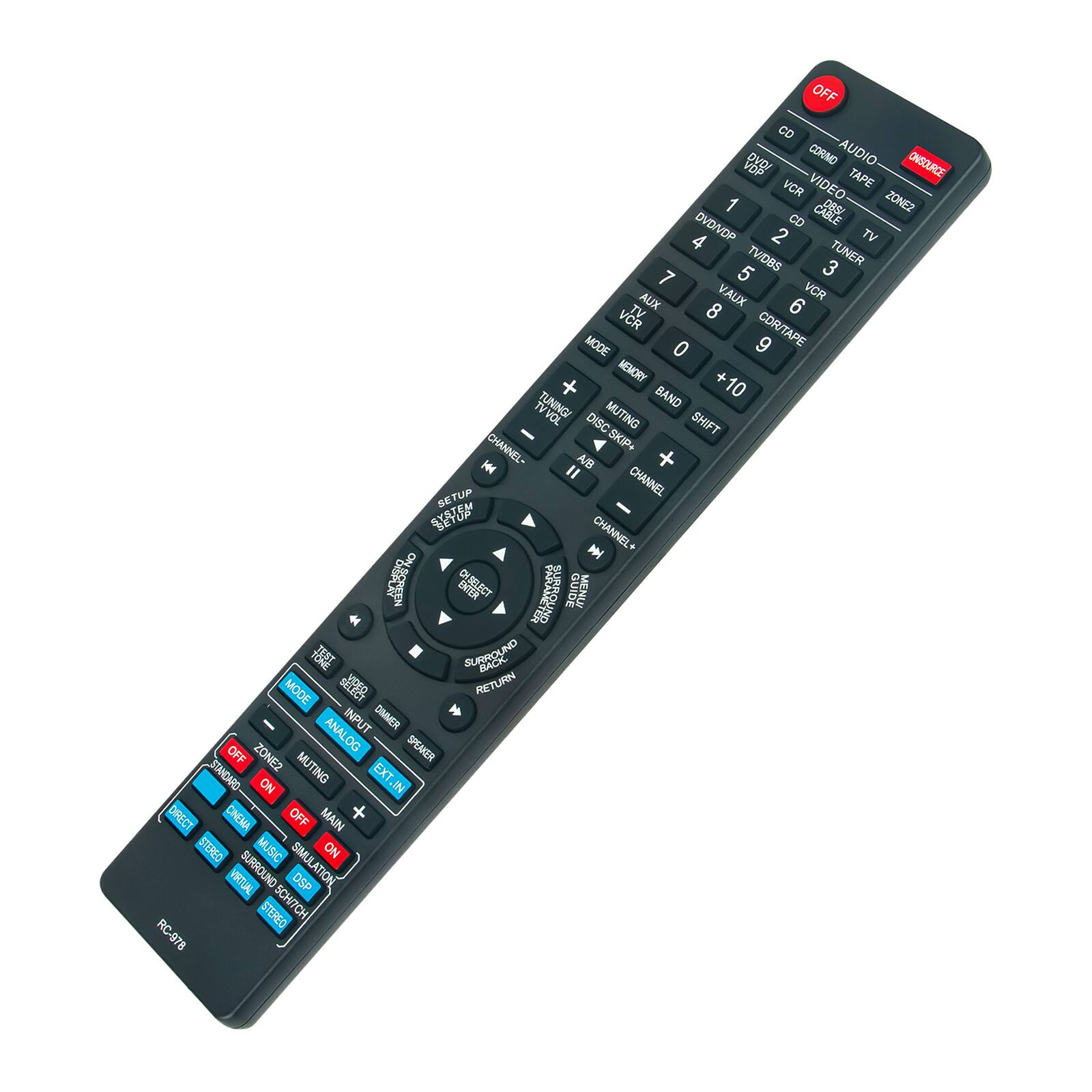 Sure, here is the corrected and grouped text from the image:

**Top Section:**
- OFF
- AUDIO
- CORIMORO
- DVD/VCR VIDEO TAPE
- 1 DIRBA ZONE2
- DVD/VDP CD CABLE
- 4 2 TV TVIDBS
- 3 TUNER
- 7 5 AUX VAUX
- VCR TV
- 8 6 VCR CDR/TAPE MODE
- 0 9 REMORY + BAND
- 10 TUNING/ VOL MUTING DISC SKIP+ DISC SHIFT CHANNEL- SKIP+ A/R " CHANNEL SETUP 5 CHANNEL+ SCREENA DESELECT SRASR GUIDE NONLY
- BROUND HACK MODE SFE RETURN INPUT DIMNER ANALOG SPEMKER OFF ZONE2 ETANDARO MUTING EXT.IN ON IN DIRECT CINEMA OFF MAIN + STERED MUSIC SIMULATION ON VIRTUAL SURROUND OP STEREO SCHI7CH RC-878

**Middle Section:**
- 1
- 2
- 3
- 4
- 5
- 6
- 7
- 8
- 9
