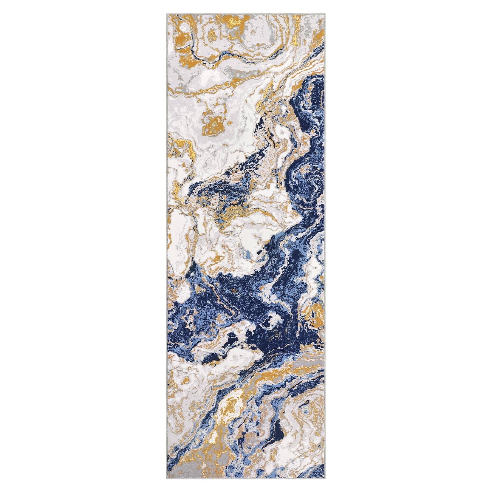 Front. Homhougo - 2x6 Modern Marble Runner Area Rug, Washable Non-Slip Low Pile for Hallway Blue - Blue.