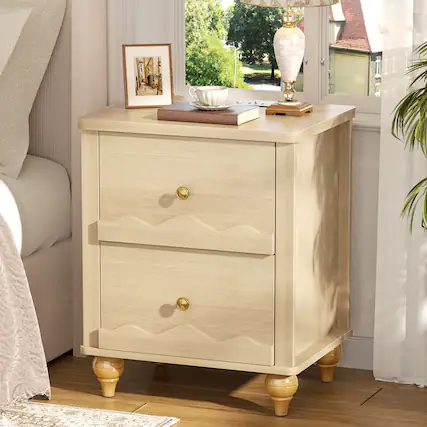 Front. Aheaplus - Nightstand with 2 Drawers, Farmhouse Nightstand with Charging Station - Nature.