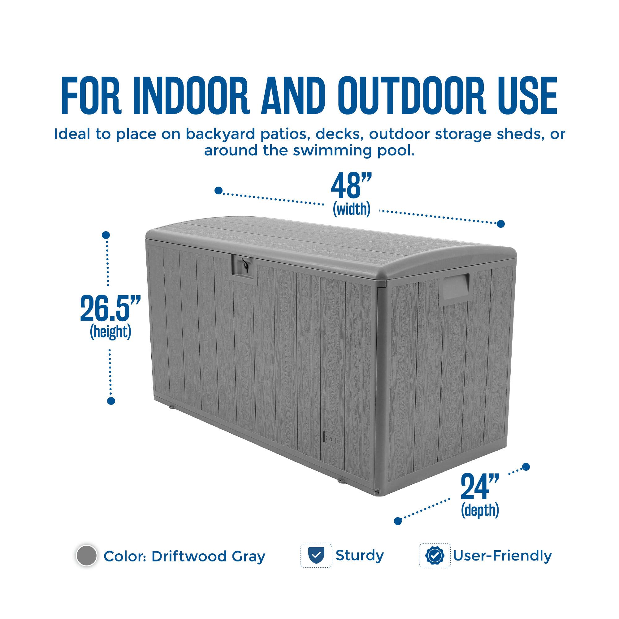 FOR INDOOR AND OUTDOOR USE  
Ideal to place on backyard patios, decks, outdoor storage sheds, or around the swimming pool.  

48" (width)  
26.5" (height)  
24" (depth)  

Color: Driftwood Gray  
Sturdy  
User-Friendly