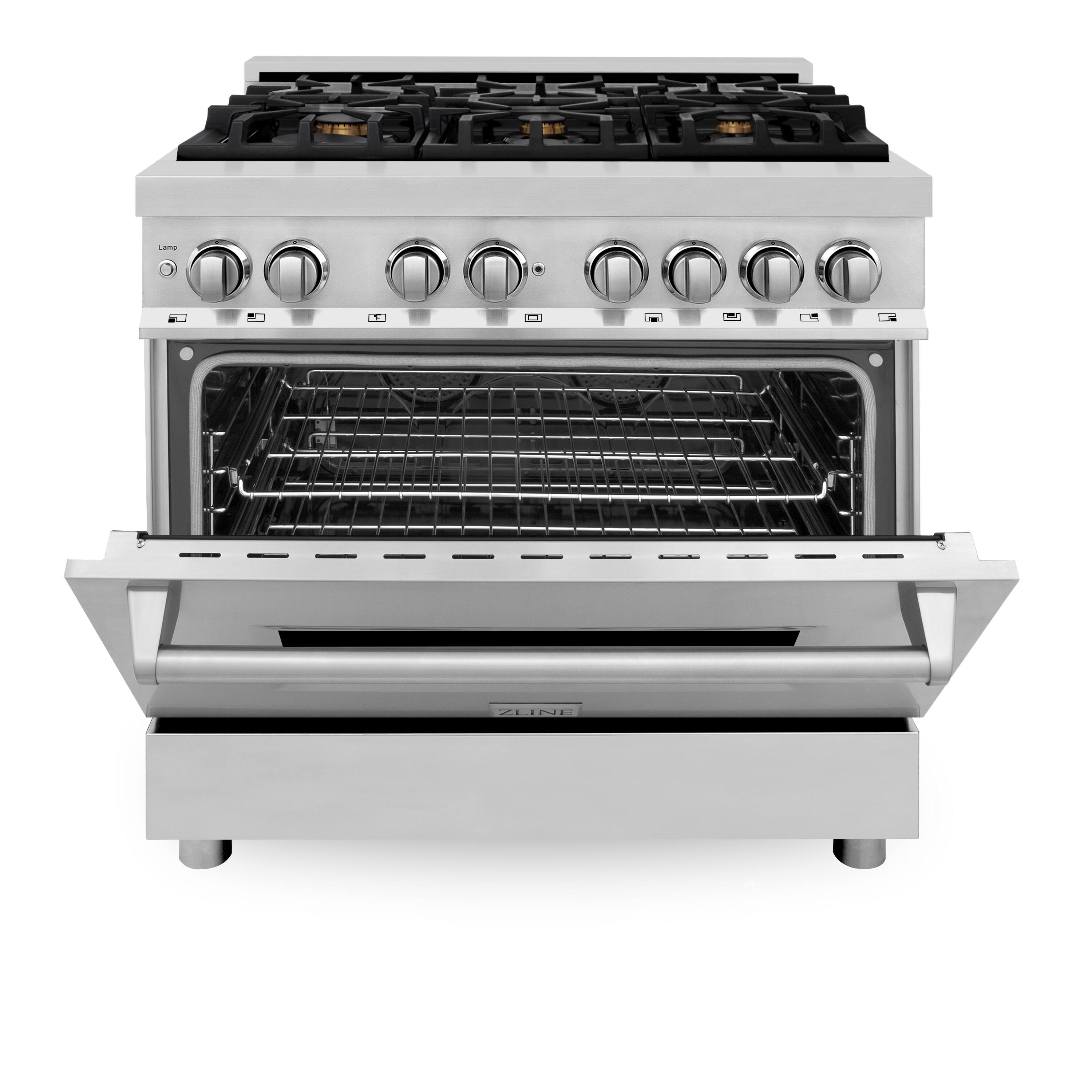 Angle. ZLINE - 36" Legacy Dual Fuel Range w/ Gas Cooktop & Electric Oven w/ 6 Brass Burners (RA-BR-36) - Stainless Steel/Brass Burners.