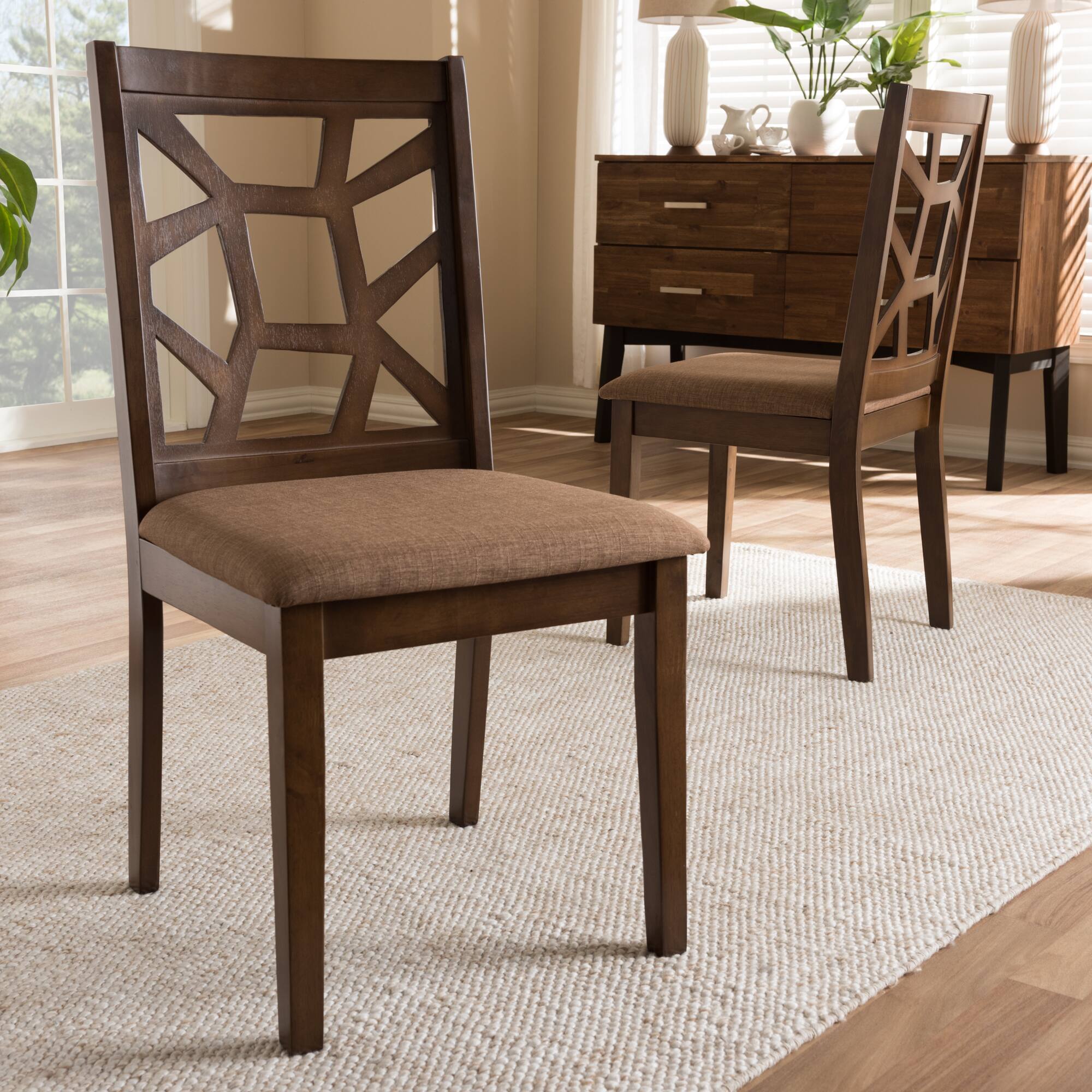 Alt View 1. Baxton Studio - Set of 2 Abilene Mid-Century Fabric Upholstered and Finished Dining Chairs - Light Brown/"Walnut" Brown.
