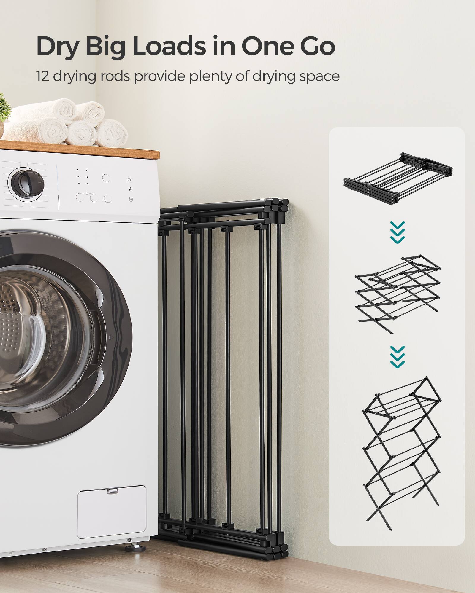 Dry Big Loads in One Go  
12 drying rods provide plenty of drying space