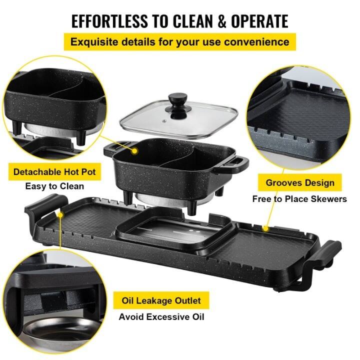 EFFORTLESS TO CLEAN & OPERATE  
Exquisite details for your use convenience  

- Detachable Hot Pot  
  Easy to Clean  

- Grooves Design  
  Free to Place Skewers  

- Oil Leakage Outlet  
  Avoid Excessive Oil