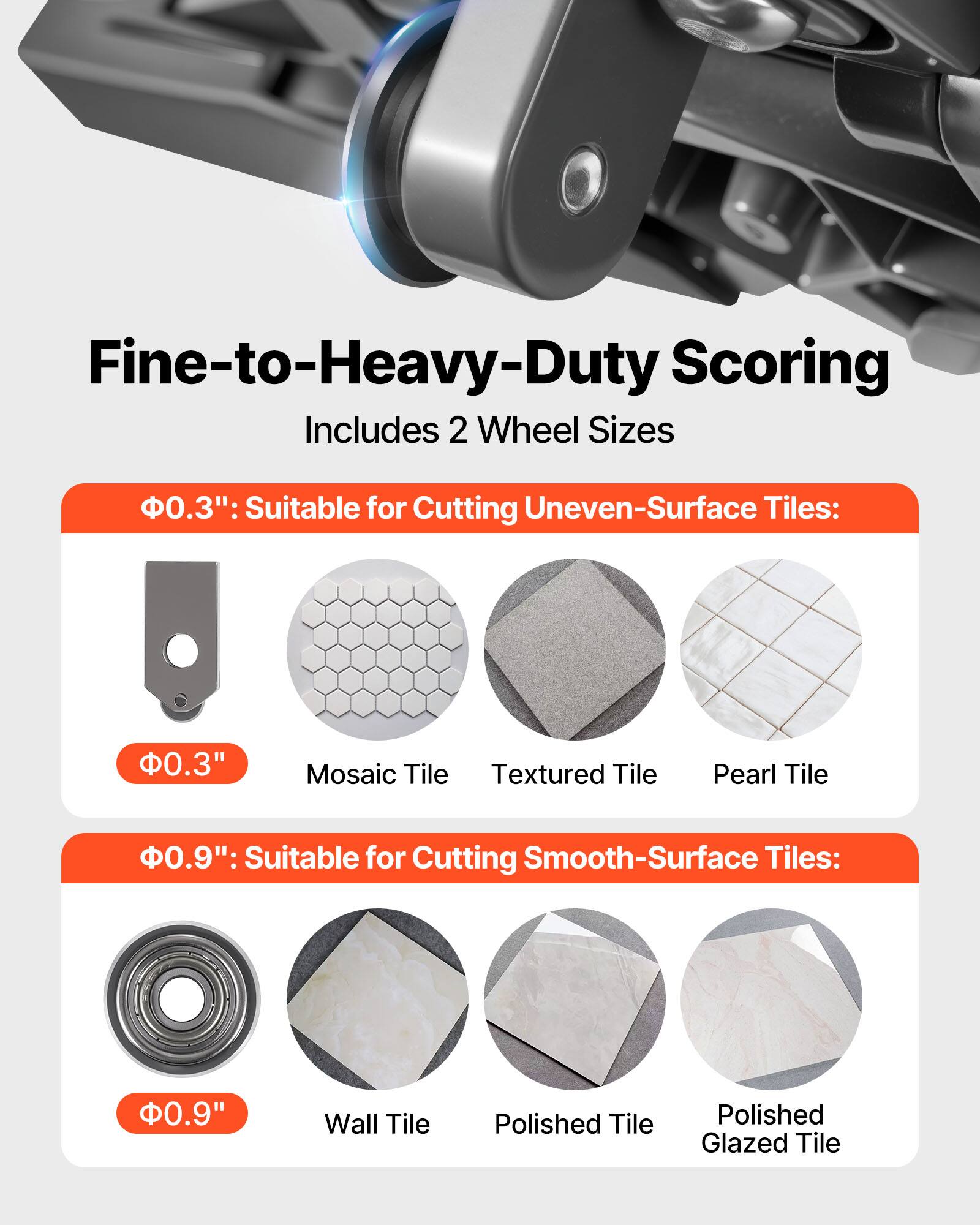 Fine-to-Heavy-Duty Scoring  
Includes 2 Wheel Sizes

.3": Suitable for Cutting Uneven-Surface Tiles:  
- Mosaic Tile  
- Textured Tile  
- Pearl Tile

.9": Suitable for Cutting Smooth-Surface Tiles:  
- Wall Tile  
- Polished Tile  
- Polished Glazed Tile