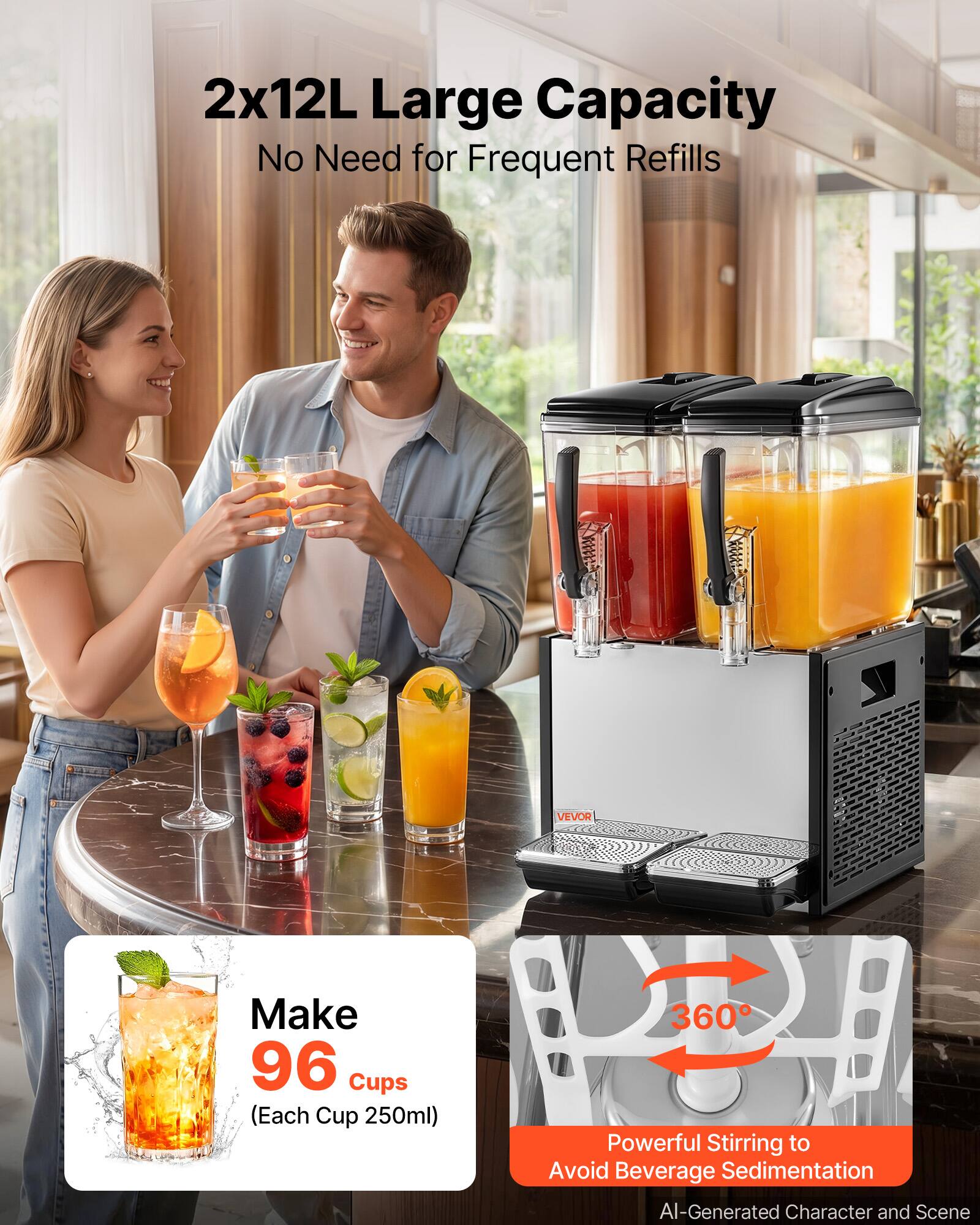 2x12L Large Capacity No Need for Frequent Refills

VEVOR

Make 96 Cups (Each Cup 250ml)

Powerful Stirring to Avoid Beverage Sedimentation

AI-Generated Character and Scene