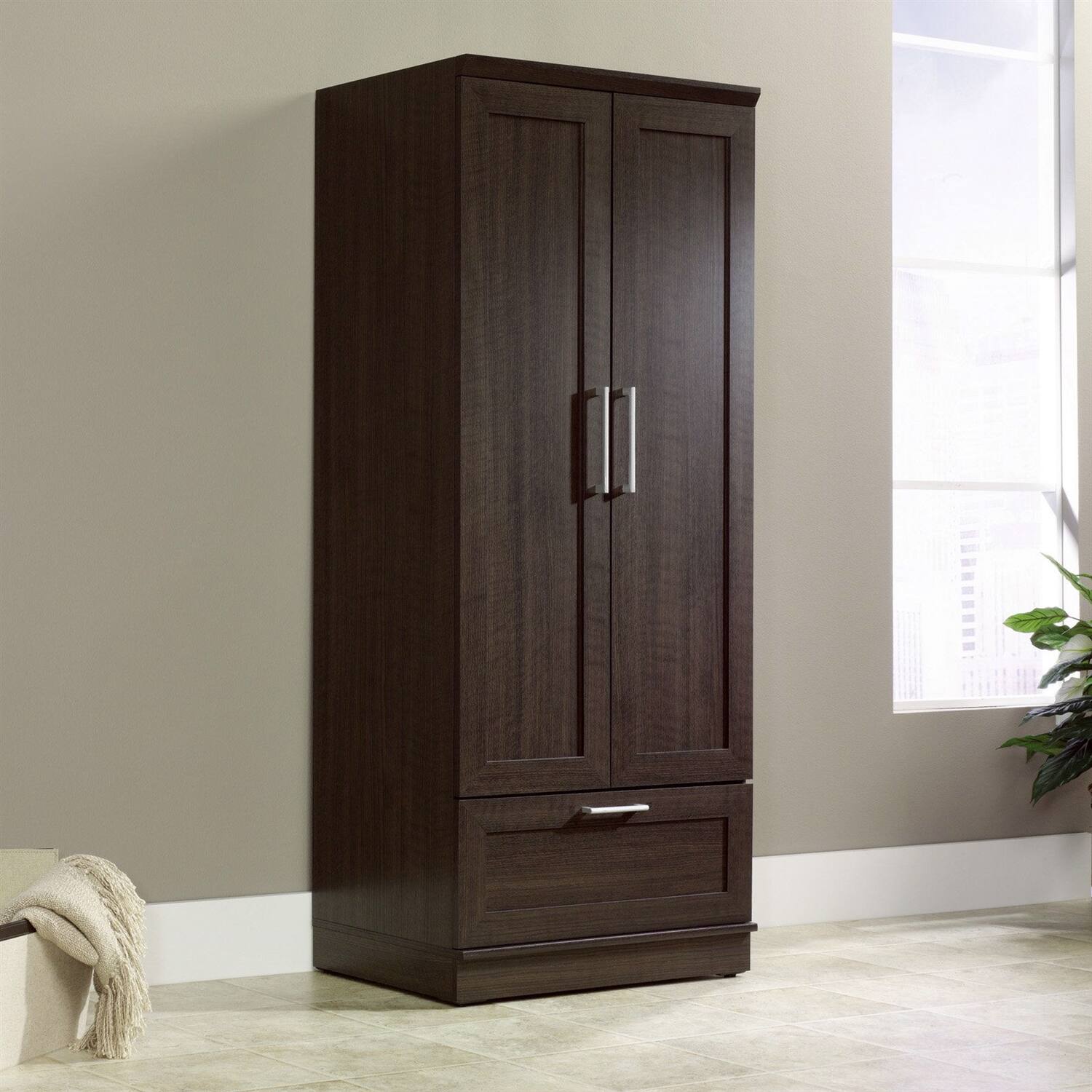 Angle. Hivvago - Bedroom Wardrobe Armoire Cabinet in Dark Brown Oak Wood Finish - Espresso.