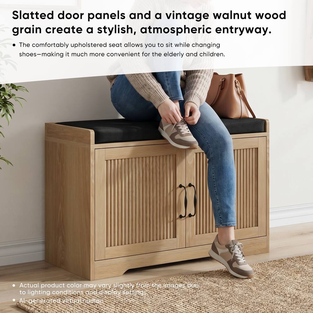 Slatted door panels and a vintage walnut wood grain create a stylish, atmospheric entryway. The comfortably upholstered seat allows you to sit while changing shoes—making it much more convenient for the elderly and children.

Actual product color may vary slightly from the images due to lighting conditions and display settings. Al-generated virtual human