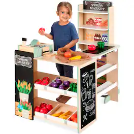 Best Choice Products - Kids Pretend Play Grocery Store Wooden Supermarket Set w/ Chalkboard, Cash Register - Natural