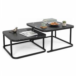 Costway - Nesting Coffee Table Set of 2 with Faux Marble Tabletop & Metal Frame for Home - Black
