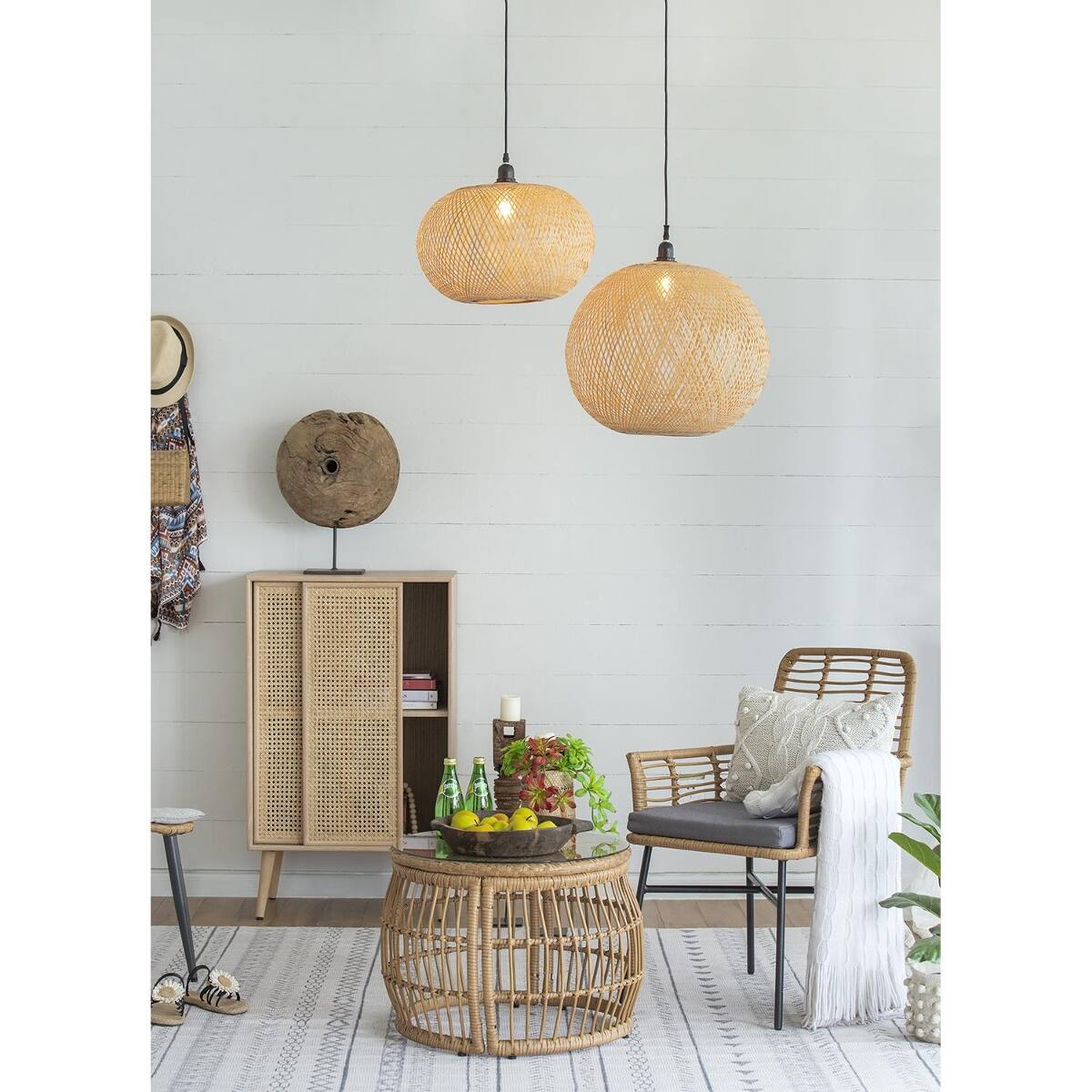 Alt View 2. Loheer - Loheer Beige Bamboo Chandelier, Round Woven Pendant Light, Twenty Two Inch Bohemian Ceiling Fixture.
