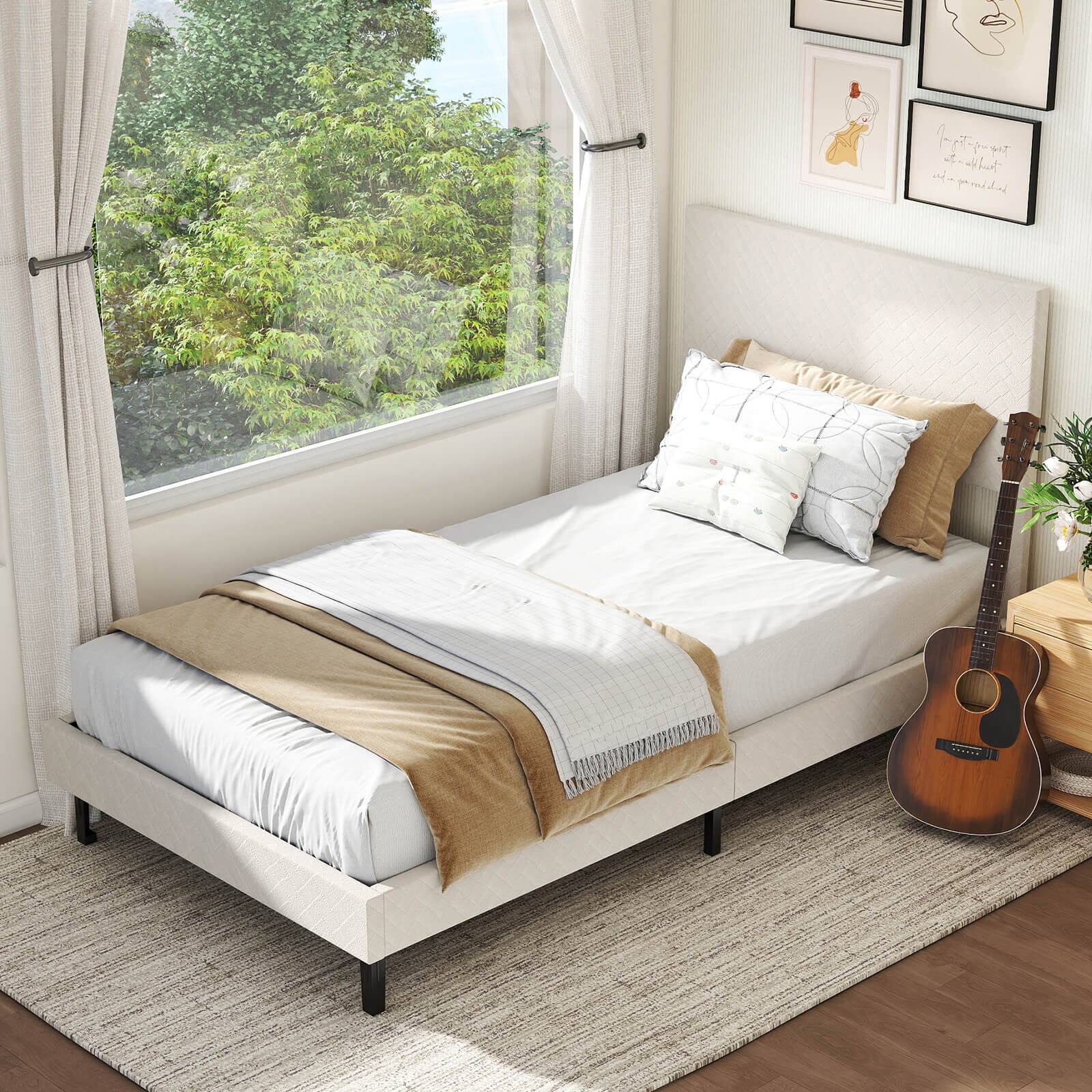 Alt View 4. Costway - Costway Twin Size Velvet Bed Frame with Height Adjustable Chevron Headboard,Noise Free - Beige.