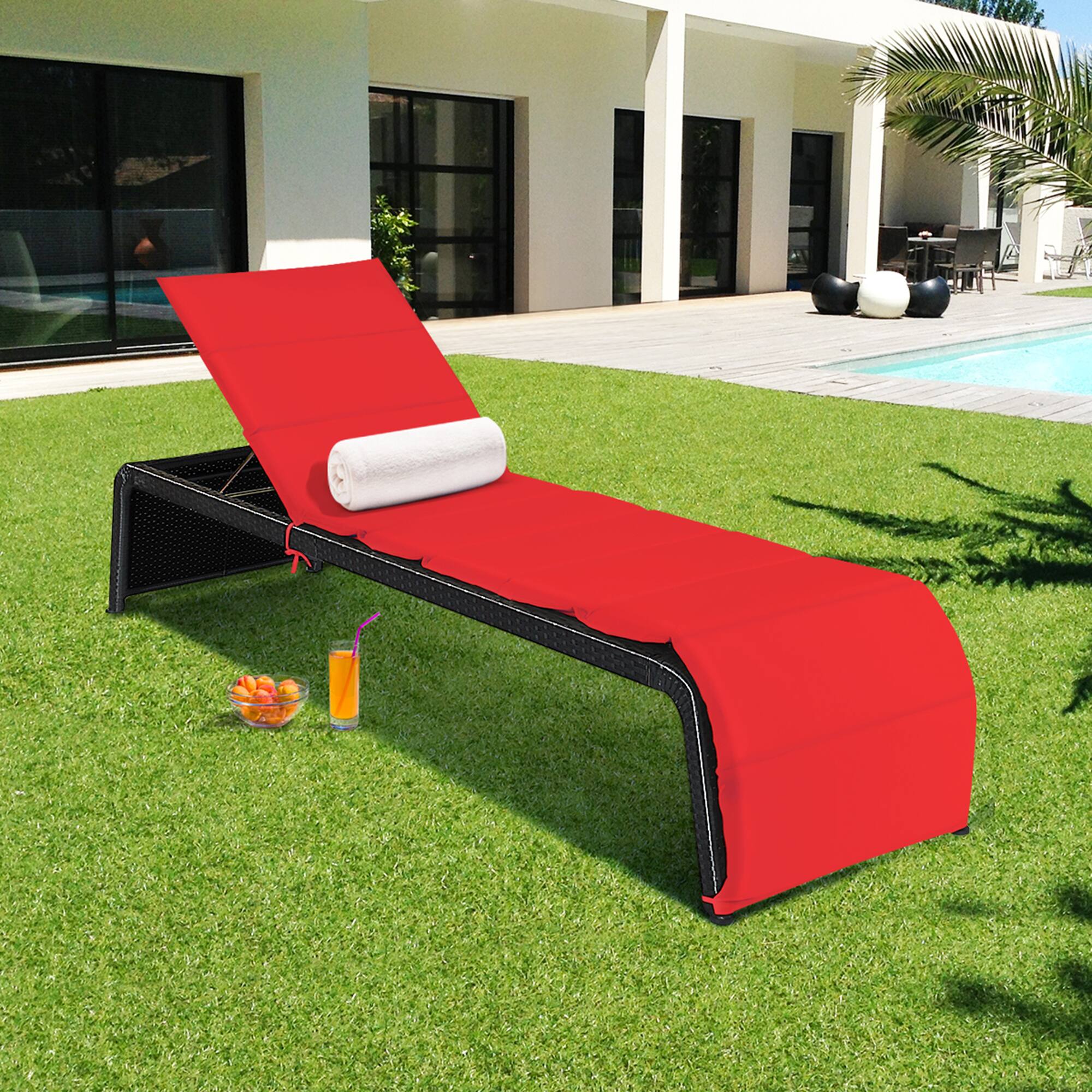 Alt View 3. Gymax - Gymax Set of 2 Adjustable Rattan Patio Recliner Chaise Lounge Chair w/ Red Cushion - Red.