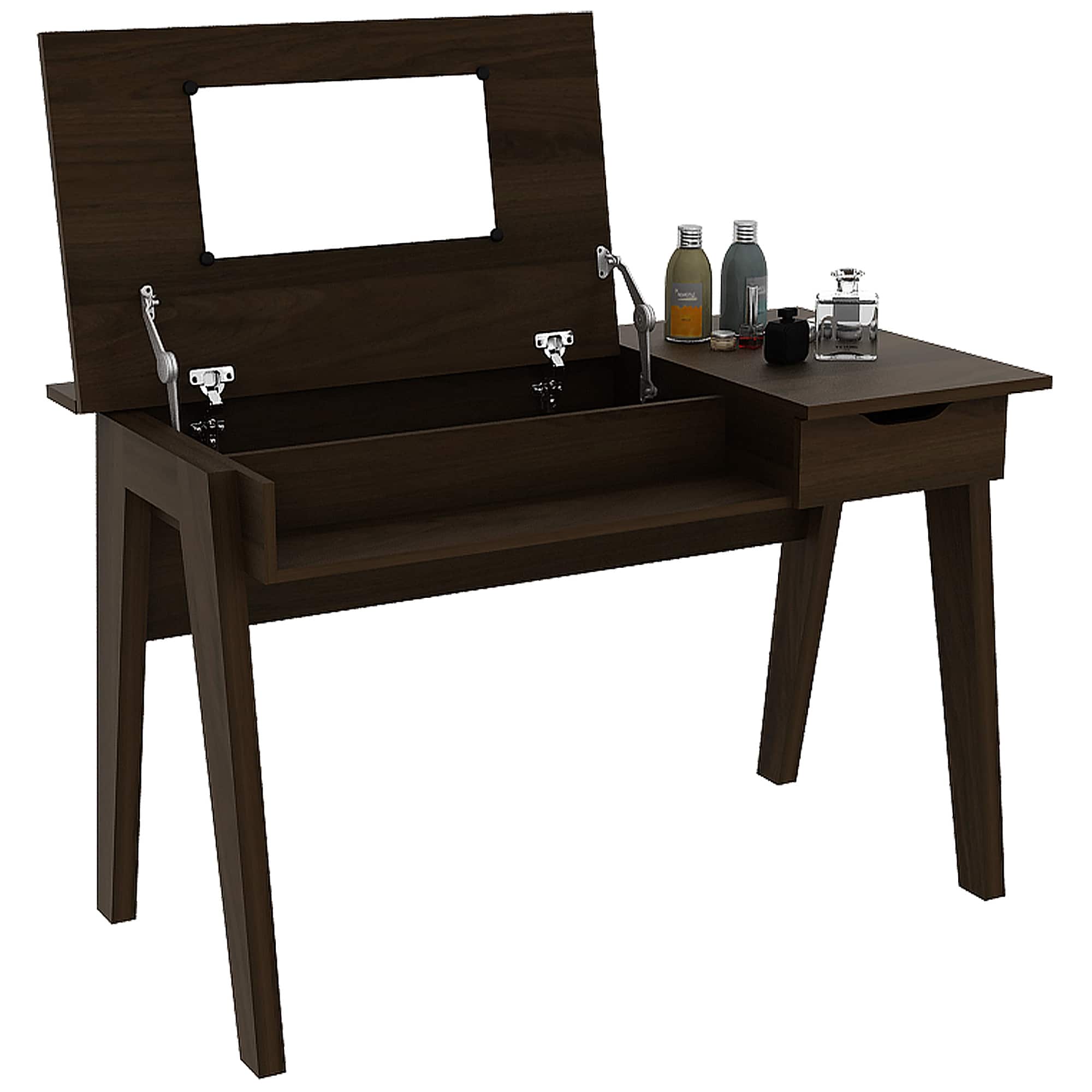 Costway - Vanity Table with Flip Mirror Writing Computer Desk Storage Drawer - Walnut