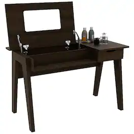 Costway - Vanity Table with Flip Mirror Writing Computer Desk Storage Drawer - Walnut