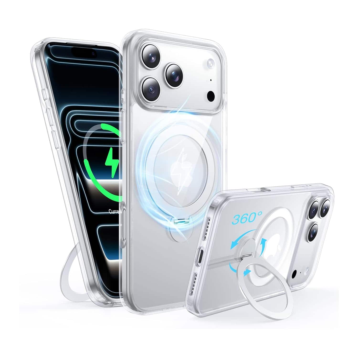 FINEAK - 360° Rotatable Magnetic Ring, Fade-Resistant, Soft Silicone Case for iPhone 17 Pro - Clear